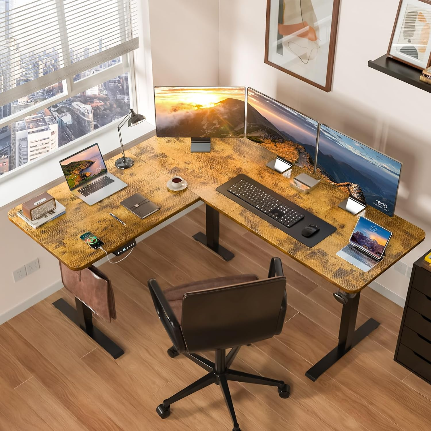 ET1-L Dreimotor-ergonomischer L-förmiger Stehtisch, Gamer-Computereck-Tisch, elektrisch höhenverstellbarer Bürotisch