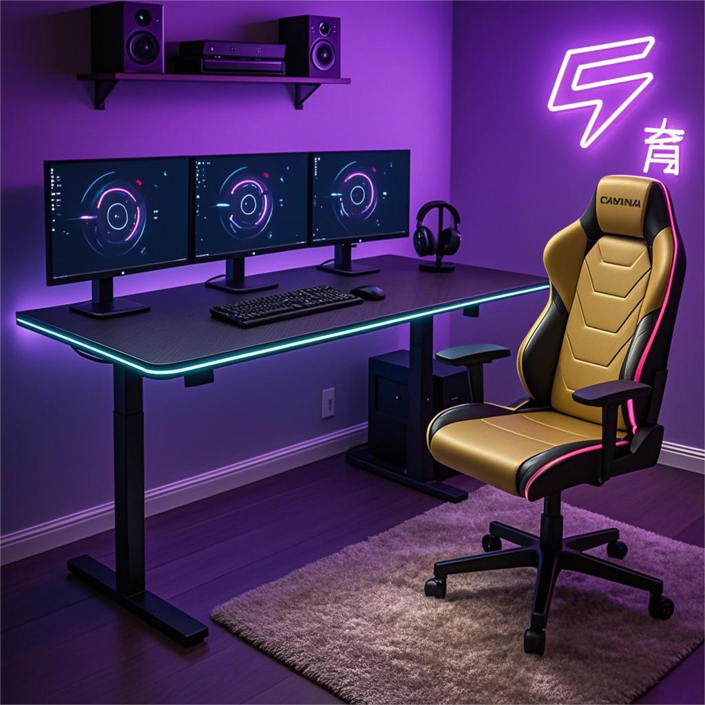 Kostengünstiger RGB-LED-Gaming-Schreibtisch mit Einzelmotor, elektrisch höhenverstellbar, mit schwarzer Kohlefaser Oberfläche