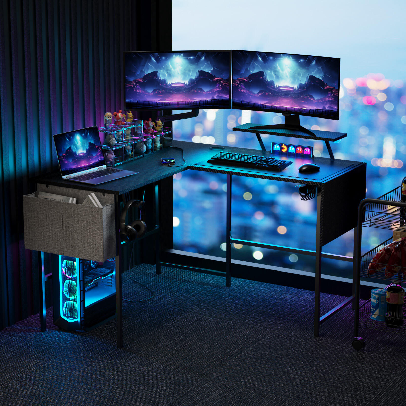 Gaming Furniture Large Ergonomic L Shaped Foldable RGB Gaming Table Desk with Monitor Stand Desktop Outlets and Side Storage Bag