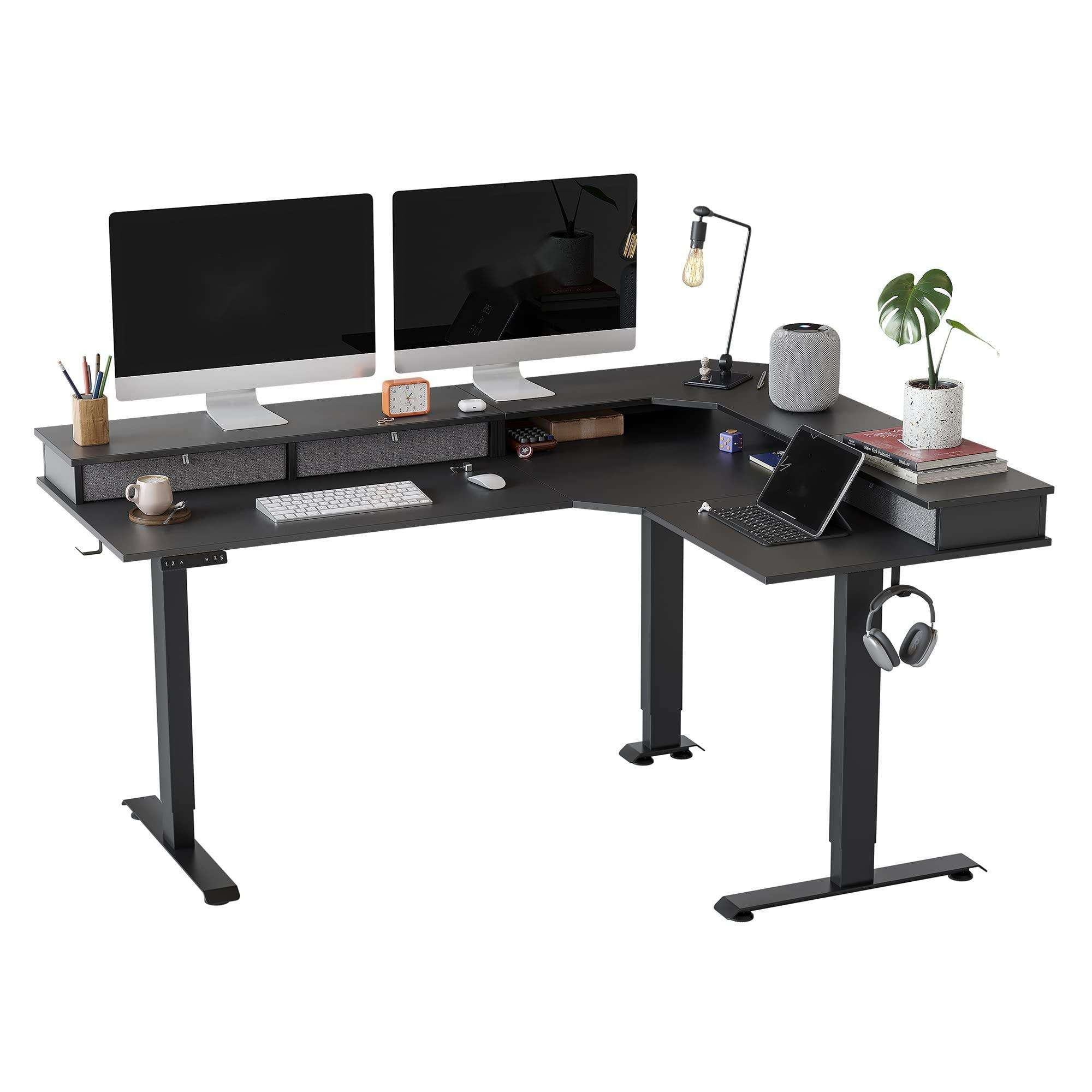 ET1-LST L-förmiger elektrischer höhenverstellbarer Stehtisch mit 4 Tischplatten-Schubladen