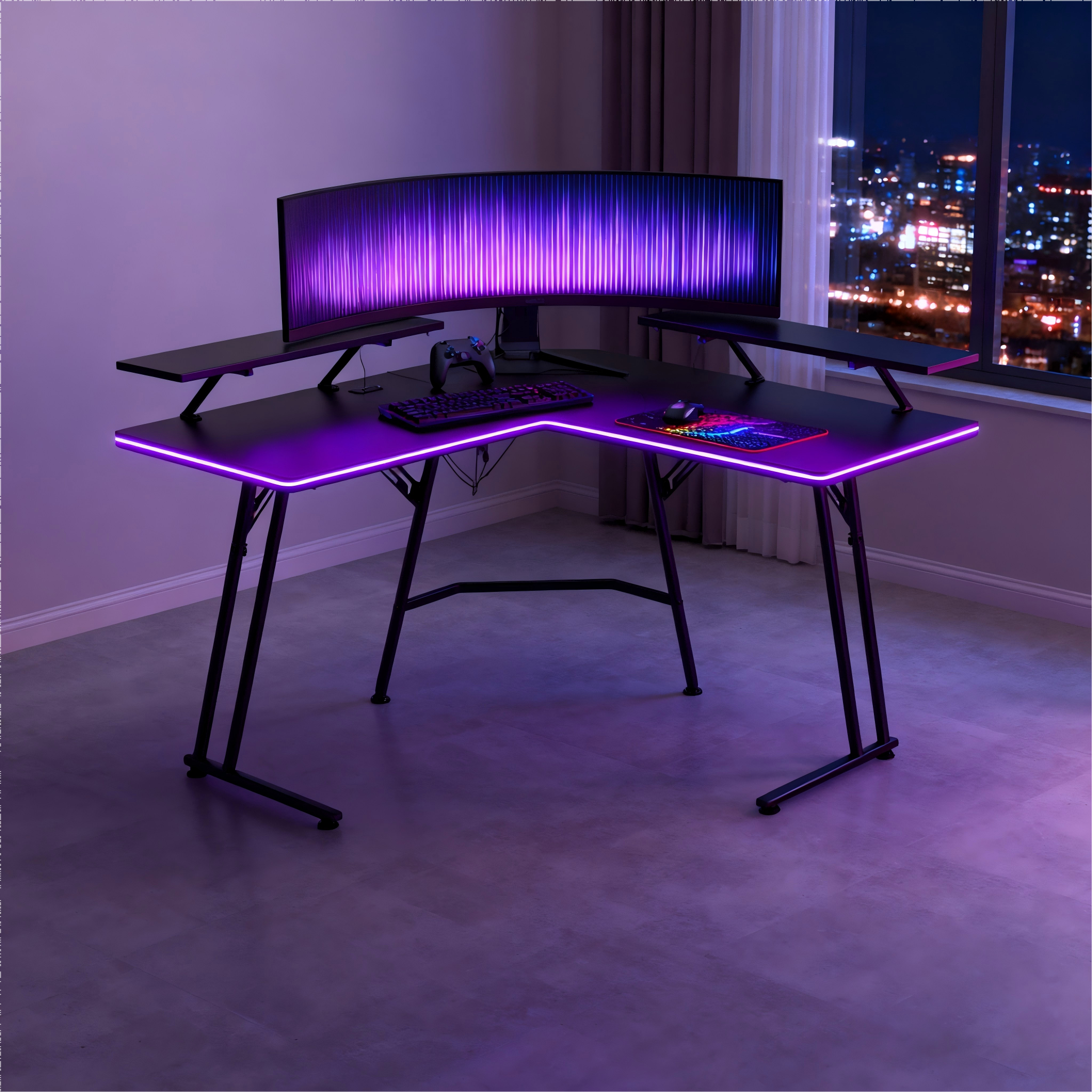 Fabrikindividuell Doppelmonitor-Ablage L-förmiger RGB Gaming-Tisch 2 Personengaming-Tisch mit Steckdosen und USB-Anschlüssen