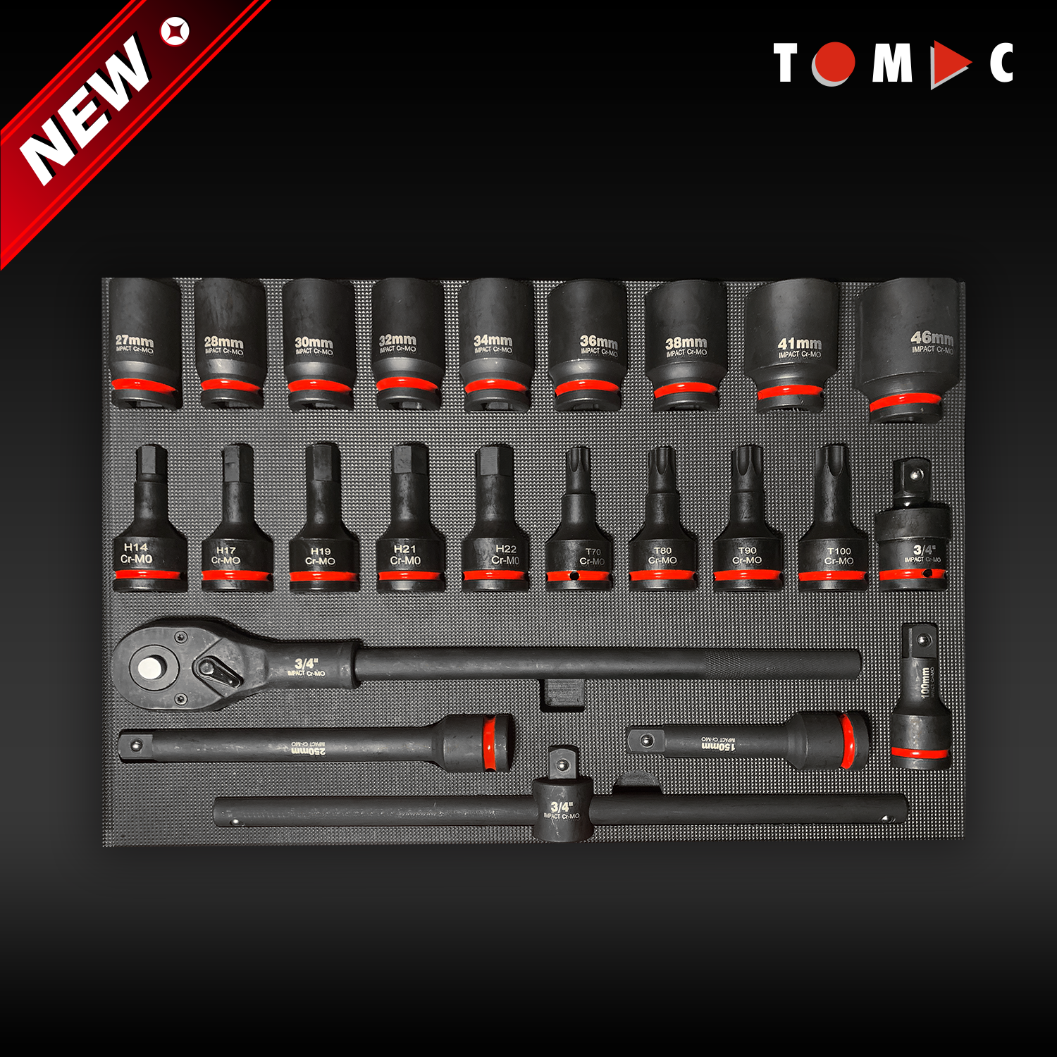TC1514524 TOMAC Extra starkt 3/4-tums drifthuvud för slagmuttersats 24-delad, verktyg för lastbilar, hög vridmoment