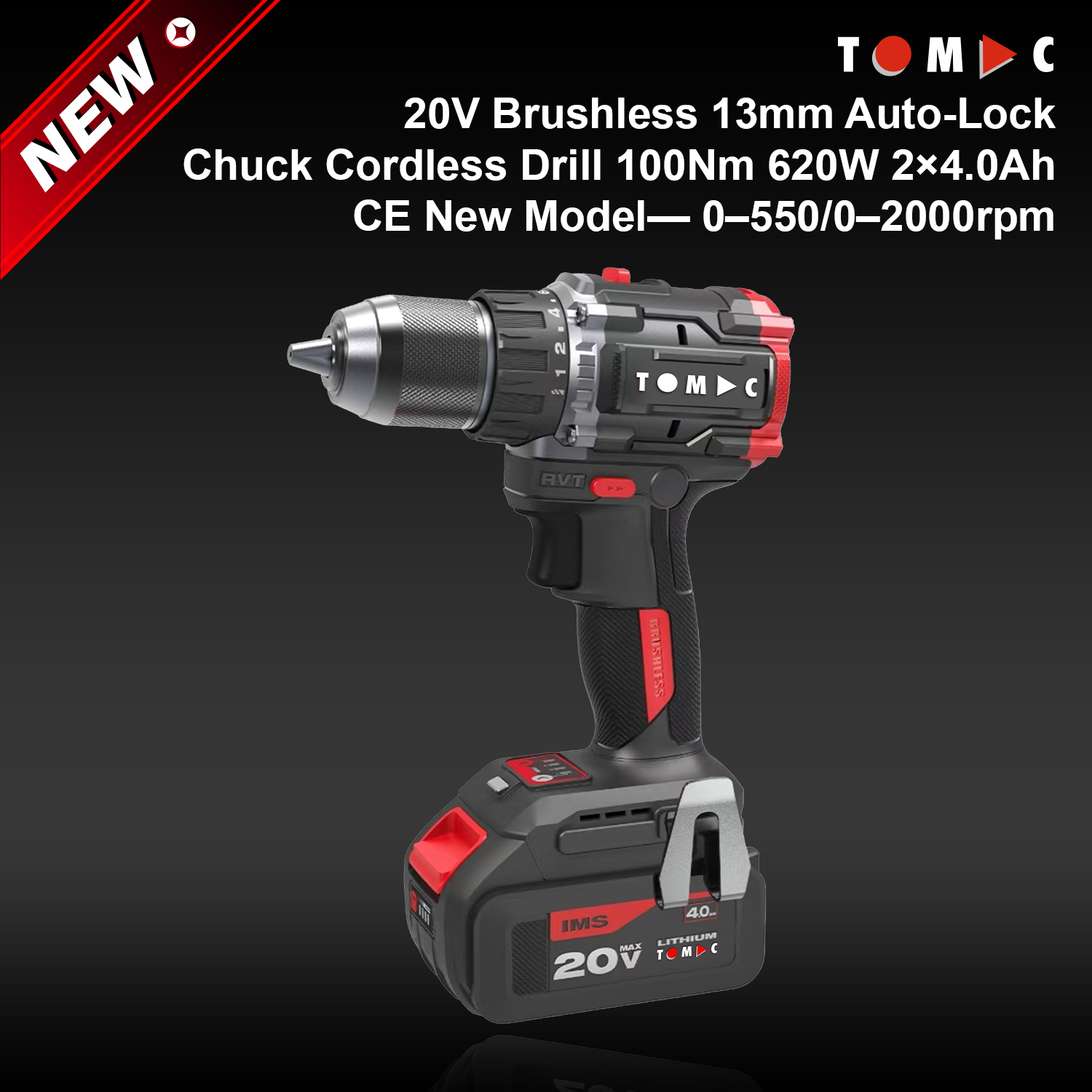 TC1142100A من توماك: مثقاب كهربائي لا سلكي بمحرك بلا فرشاة، جهد ٢٠ فولت، قطر الفتحة ١٣ مم، مع قابض تلقائي للقفل، عزم دوران أقصى ١٠٠ نيوتن·متر، قدرة ٦٢٠ واط، معتمد وفق معيار CE، نموذج جديد