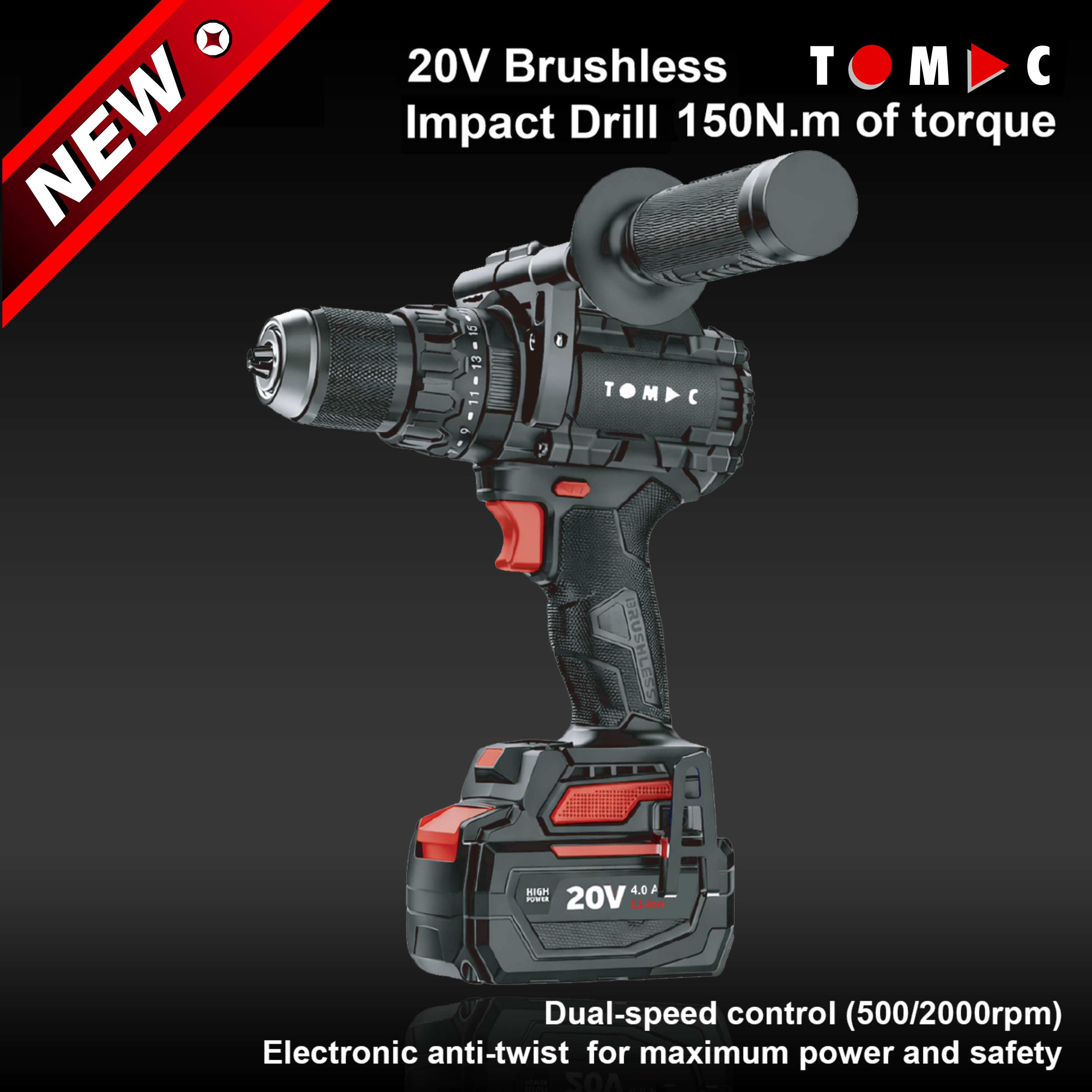TC1142150 TOMAC 20V Brushless Cordless Impact Drill – 150N.m Extreme Torque, Gyroscopic Anti-Twist Safety, 13mm Metal Chuck, Hammer Function, Auxiliary Handle, High Capacity Battery for Industrial Use, CE certified
