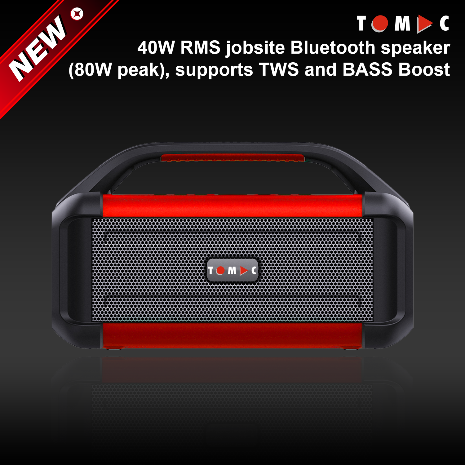 سماعة بلوتوث محمولة من طراز TC40B TOMAC بقوة ٤٠ واط جذرية مُربّعة (RMS)، مع إمكانية الاتصال المزدوج اللاسلكي (TWS) ومدخلات AUX/USB/تيار متردد (AC)، ووظيفة تعزيز الجهير (BASS Boost) مع شهادة المطابقة الأوروبية (CE)