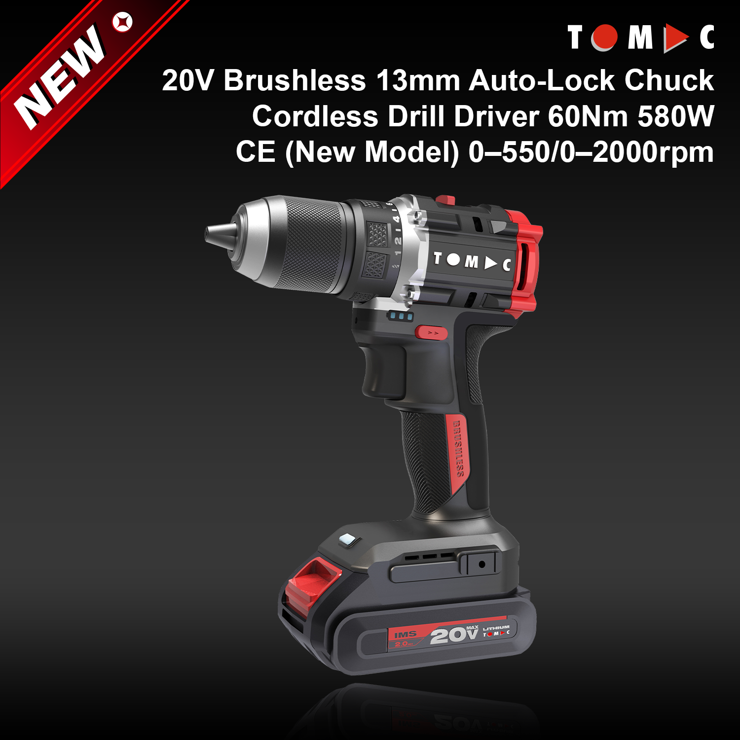 مثقاب كهربائي ومحرك دوران توماك طراز TC114260E، بجهد 20 فولت، بدون فرشاة كهربائية، مع قابض تلقائي الإغلاق بقطر 13 مم، عزم دوران أقصى 60 نيوتن.متر، وقدرة 580 واط، معتمد وفق شهادة المطابقة الأوروبية (CE) (نموذج جديد)