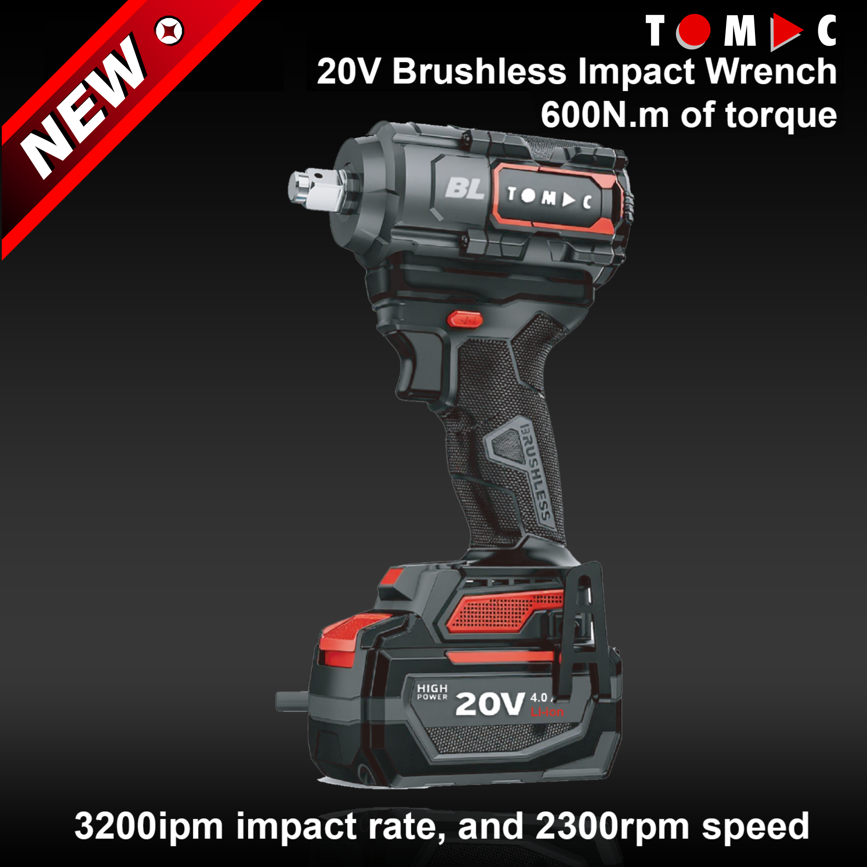 TC1122600 TOMAC 20V Brushless Cordless Impact Wrench – 600N.m High Torque, 1/2