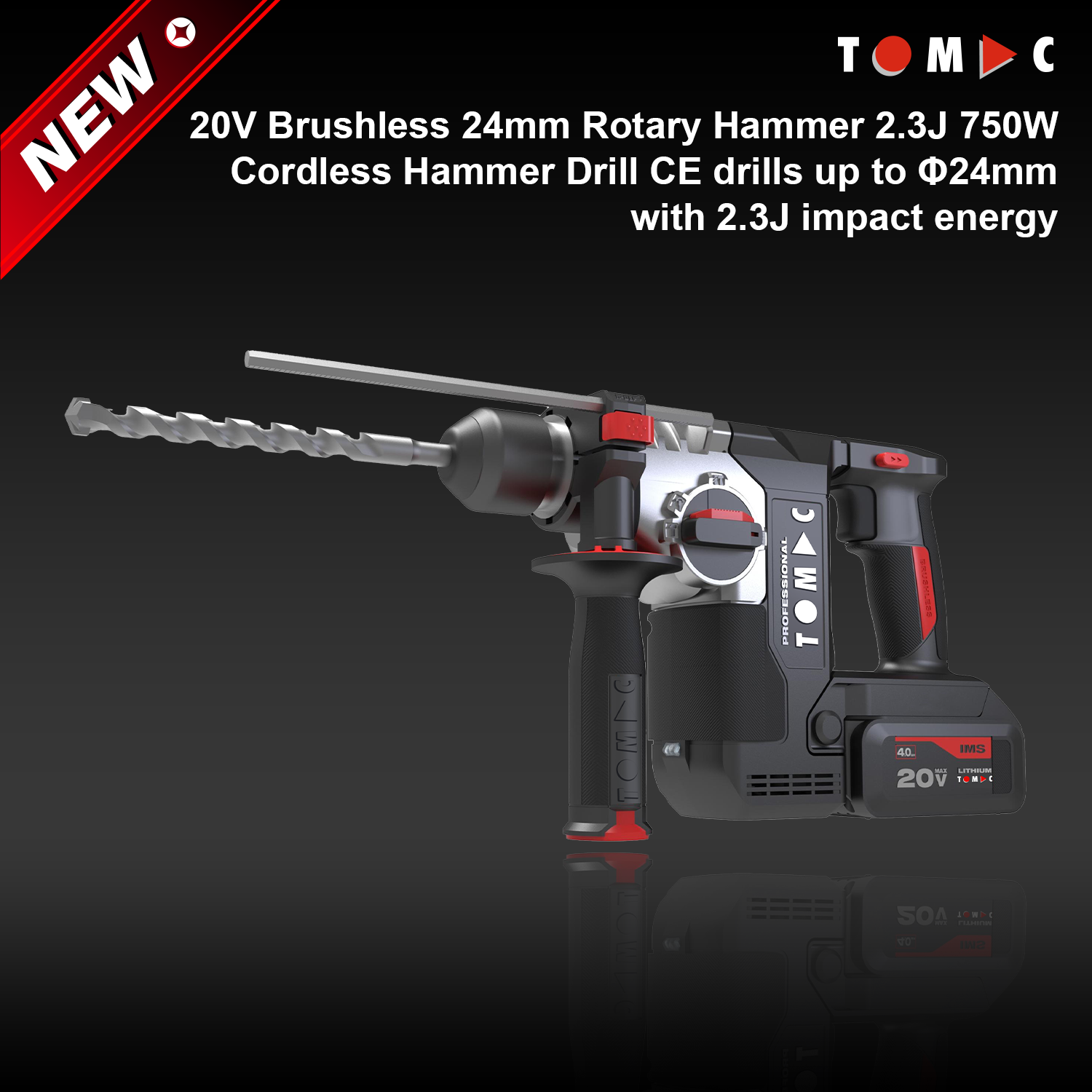 TC117224A TOMAC 20V Brushless 24mm Rotary Hammer 2.3J 750W Cordless Hammer Drill CE