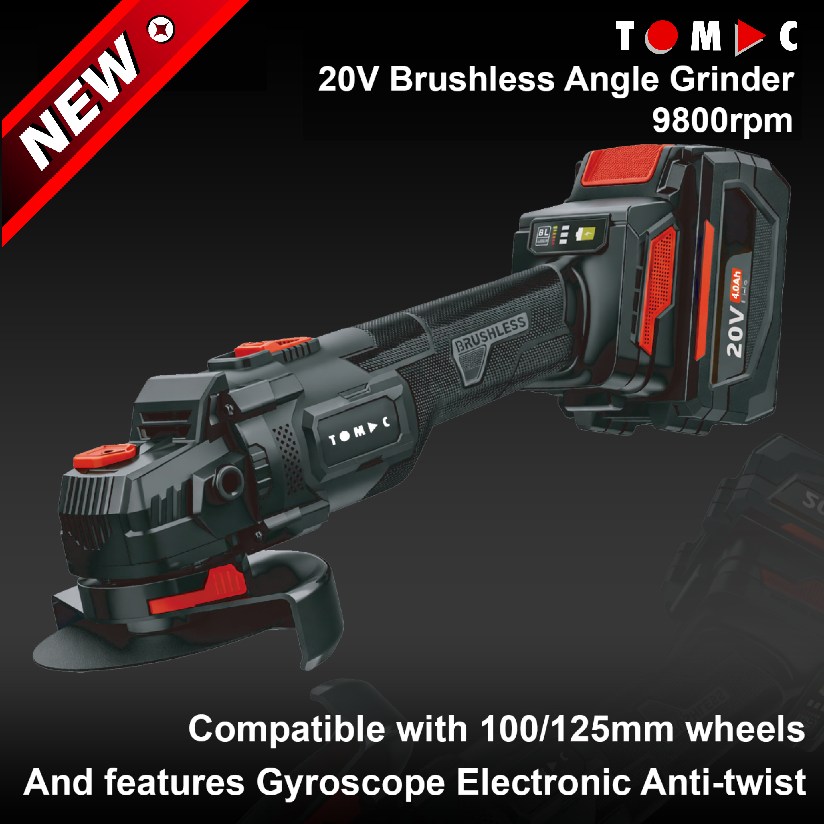 TC113225 TOMAC 20V Brushless Cordless Angle Grinder – 100mm/125mm Disc, 9800rpm, Gyroscopic Anti-Kickback Safety, 25mm Cutting Depth, 4.0Ah/6.0Ah Battery, Includes Protective Shield & Side Handle,CE certified