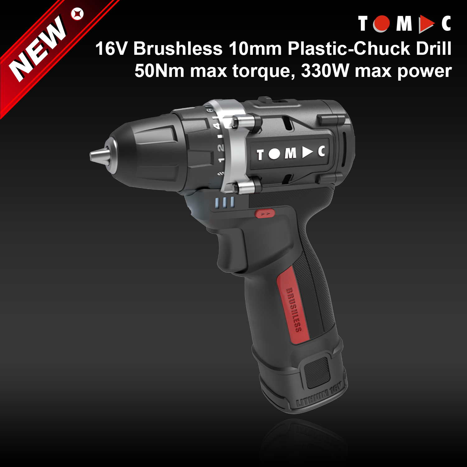 TC114250A TOMAC 16 V Trapano senza spazzole con mandrino in plastica da 10 mm, 50 Nm, certificato CE