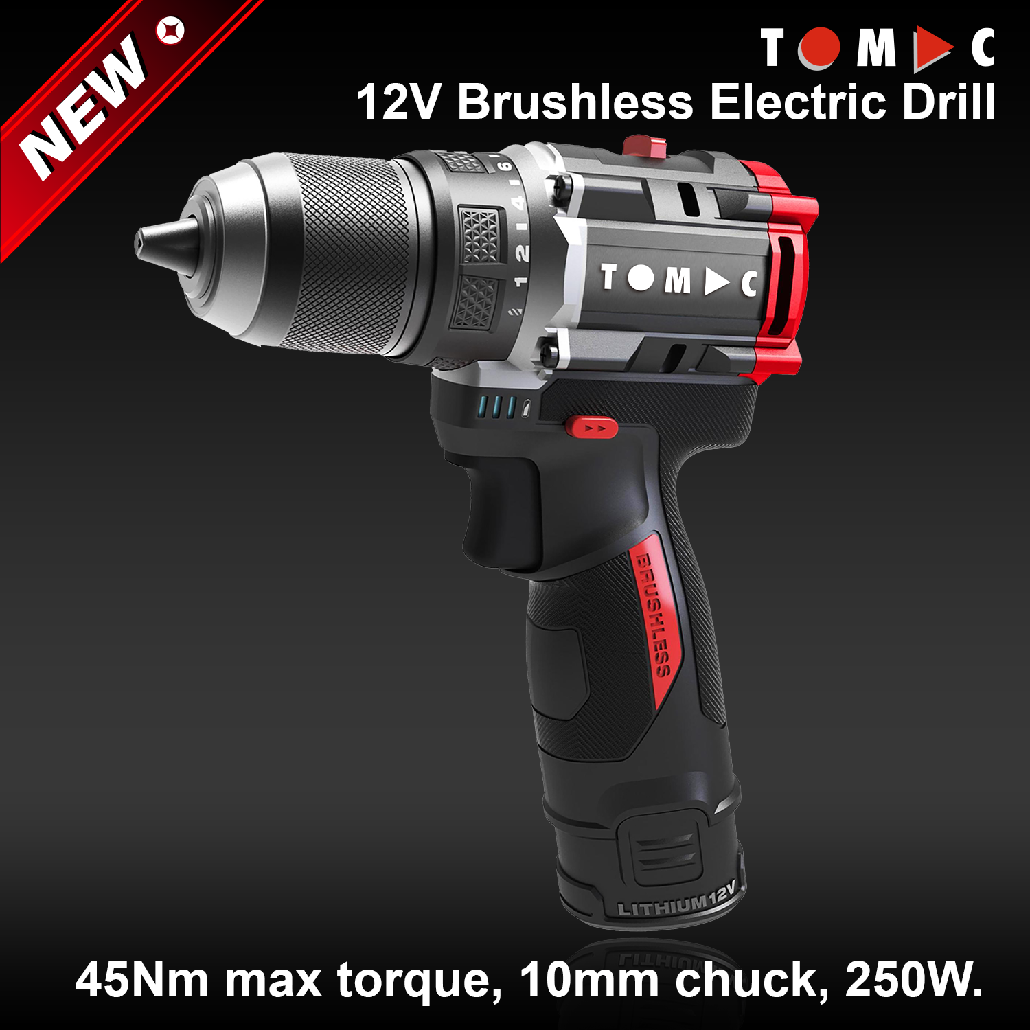 TC114245A TOMAC 12V Brushless Cordless Drill 45Nm 10mm Clamp 250W CE certified