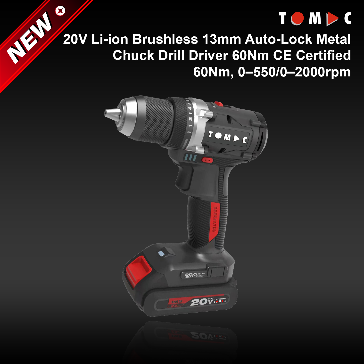 مثقاب كهربائي ومحرك دوران توماك طراز TC114260C، بجهد 20 فولت، يعمل بالبطارية الليثيوم-أيون، بدون فرشاة كهربائية، مع قابض معدني تلقائي الإغلاق بقطر 13 مم، عزم دوران أقصى 60 نيوتن.متر، معتمد وفق شهادة المطابقة الأوروبية (CE)