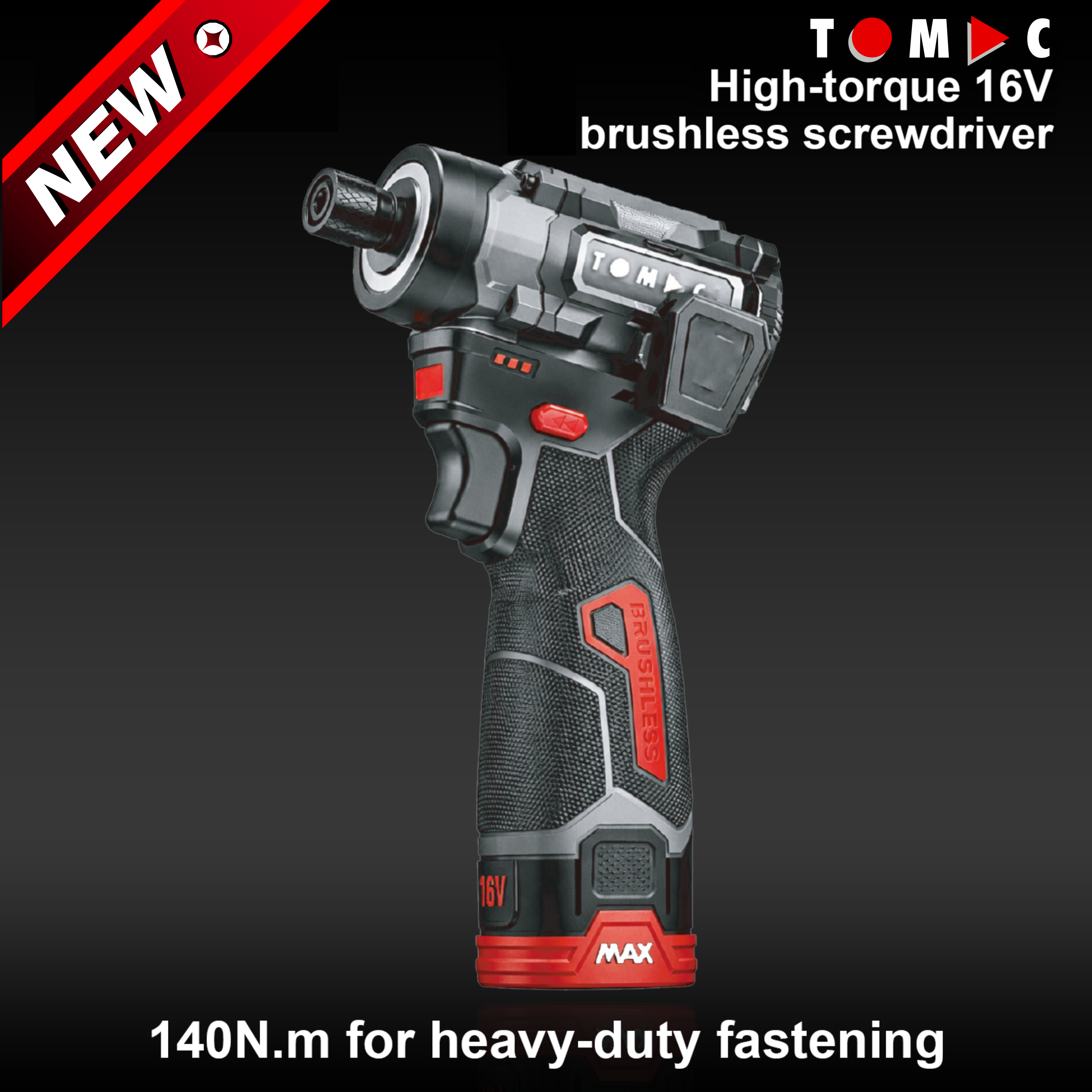 TC1152140 TOMAC 16V Brushless Cordless Impact Screwdriver – 140N.m Torque, 3400rpm Speed, 3800bpm Impact Rate, 2.0Ah Battery, Perfect for DIY and Mechanics, Includes Belt Hook,CE certified