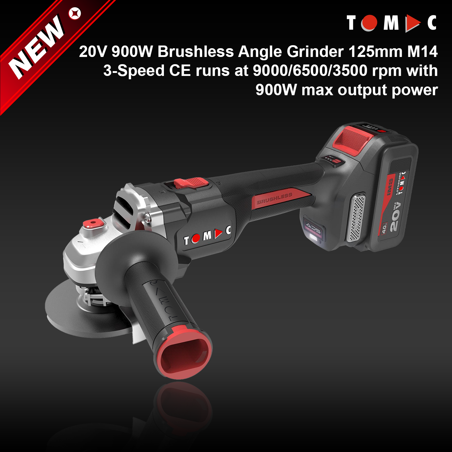 TC1132125A TOMAC 20V 900W Brushless Angle Grinder 125mm M14 3-Speed CE