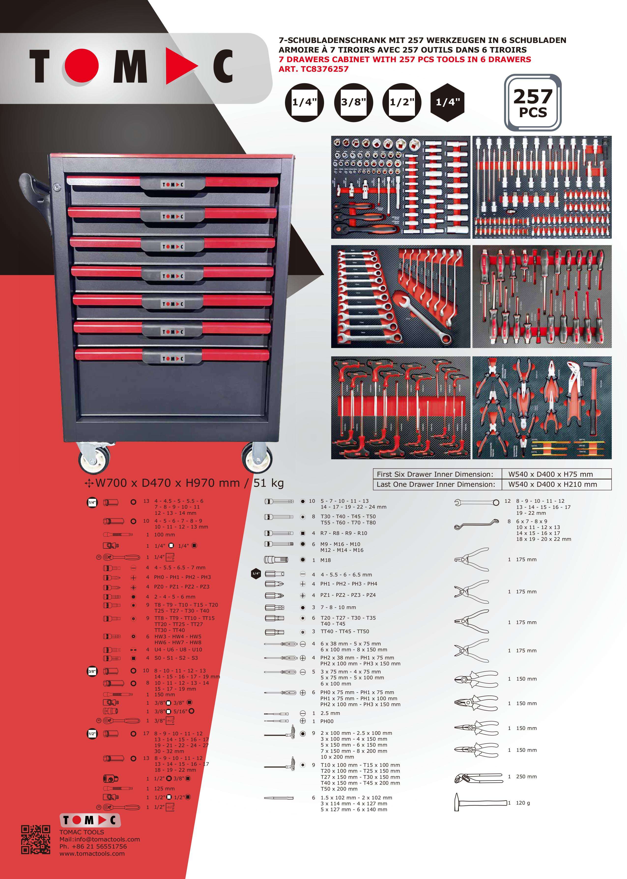 TC8376257 7 Drawers Cabinet with 257pcs tools in 6 drawers supplier