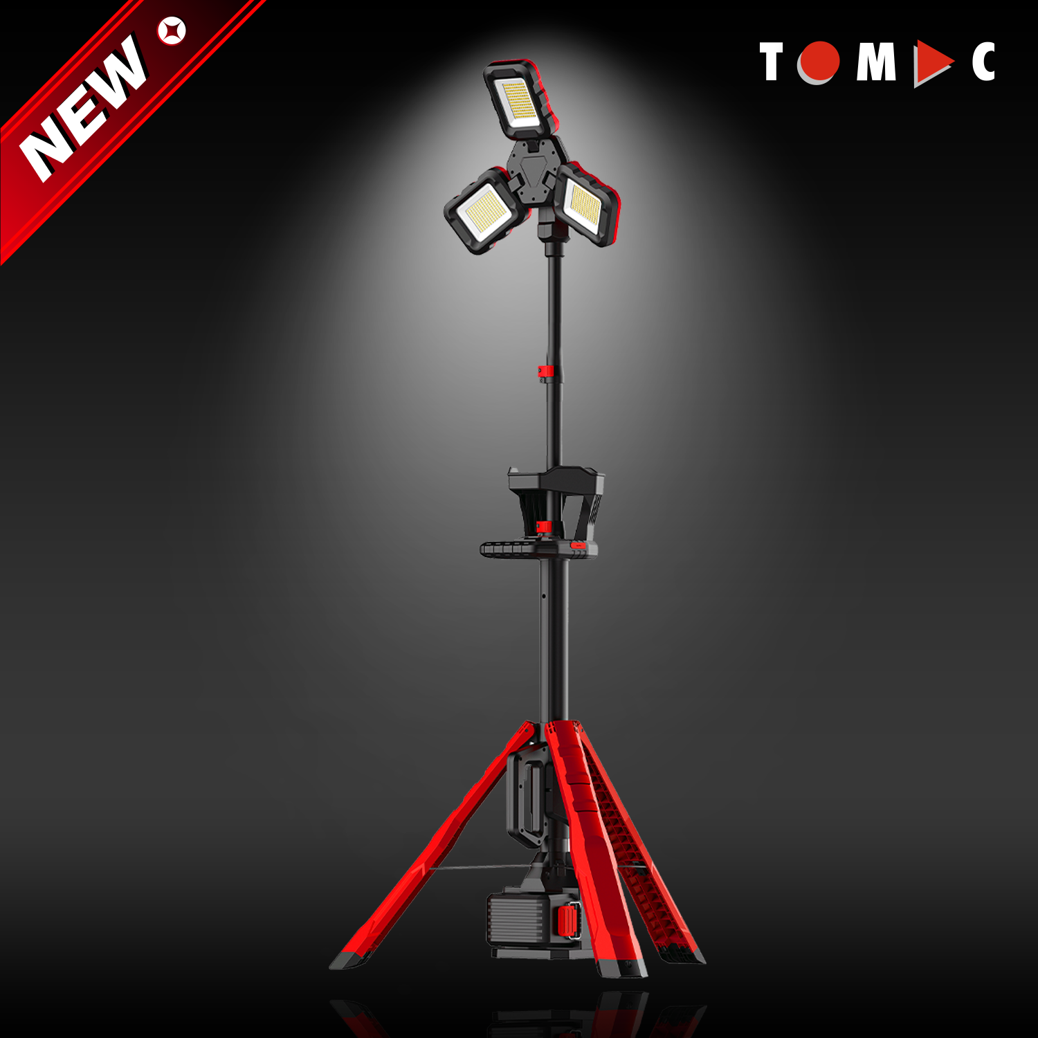 TC1008310K TOMAC Triple‑Head 2.3‑Meter LED Work Light with Tripod Stand, 10,000 lm, Dual‑Color, AC & 18V/21V Battery, Multi‑Brand Battery Adaptor & USB Power Bank, CE & RoHS certified