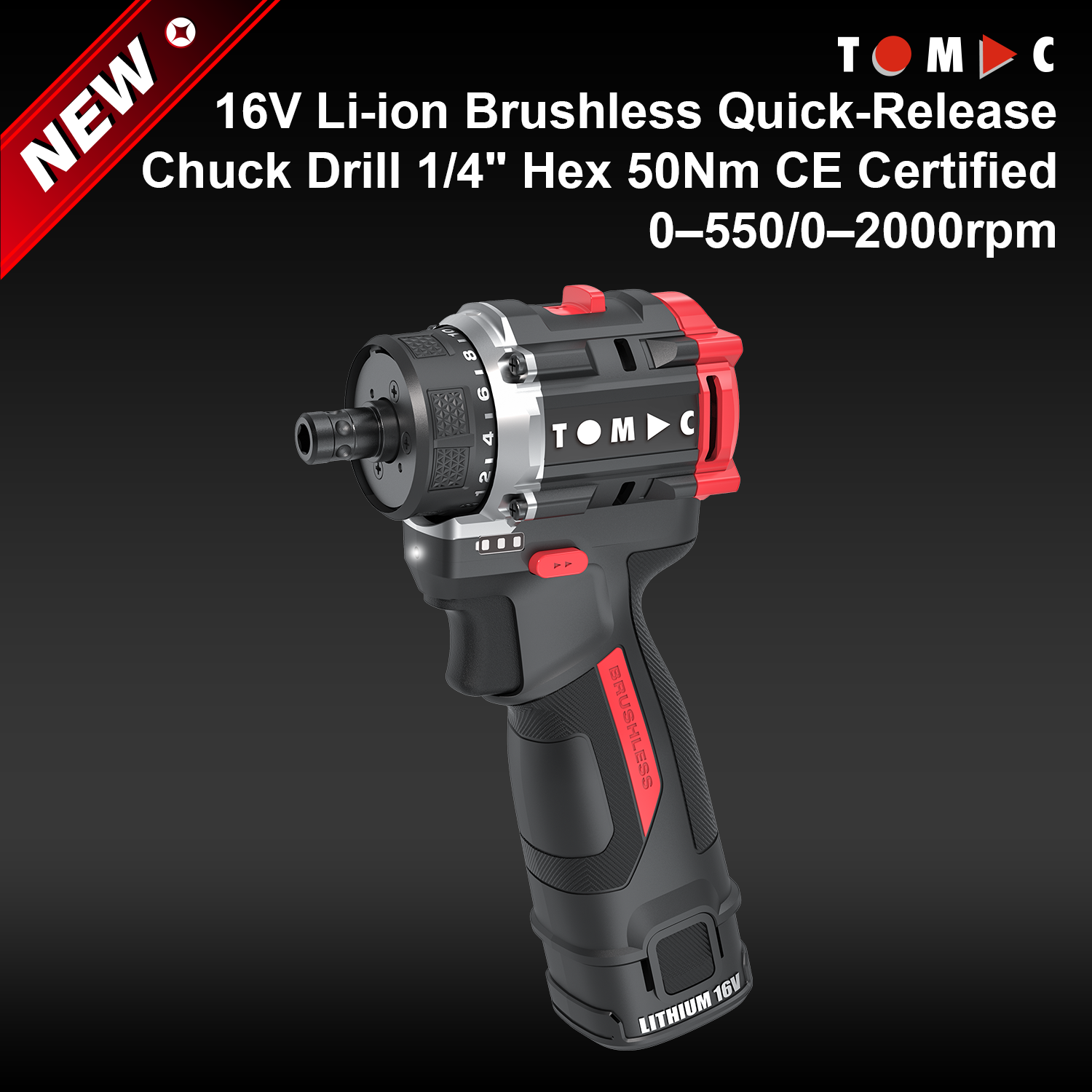 TC115250B TOMAC, trapano a batteria da 16 V con tecnologia Li-ion e motore senza spazzole, mandrino a sgancio rapido da 1/4