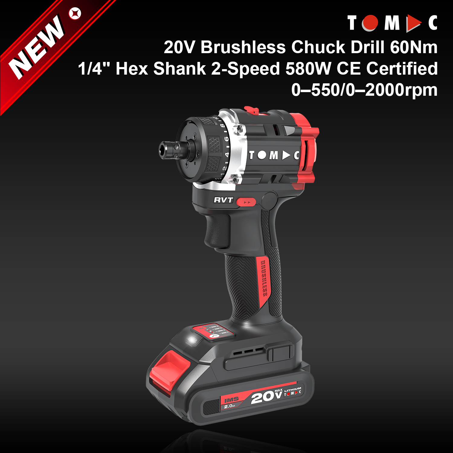 TC115260B TOMAC 20 V borstelloze boor met klem, 60 Nm, 1/4