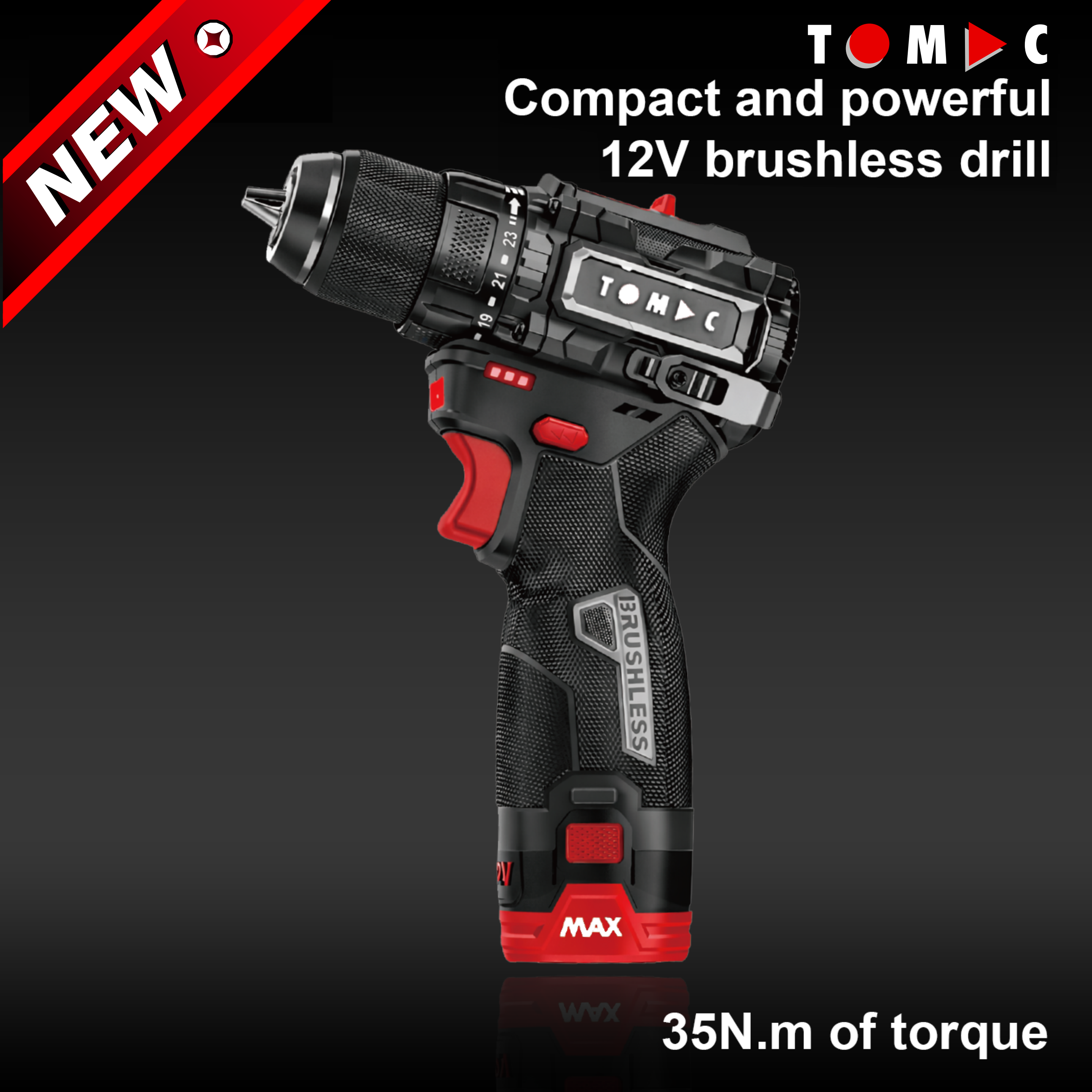 TC114235 TOMAC 12V Brushless Cordless Drill – 35N·m Torque, 2‑Speed (450/1800rpm) Electric Drill Driver with 0.8–10mm Keyless Chuck and 2.0Ah Lithium‑Ion Battery, Includes Small Hook, Ideal for Home DIY Applications,CE certified