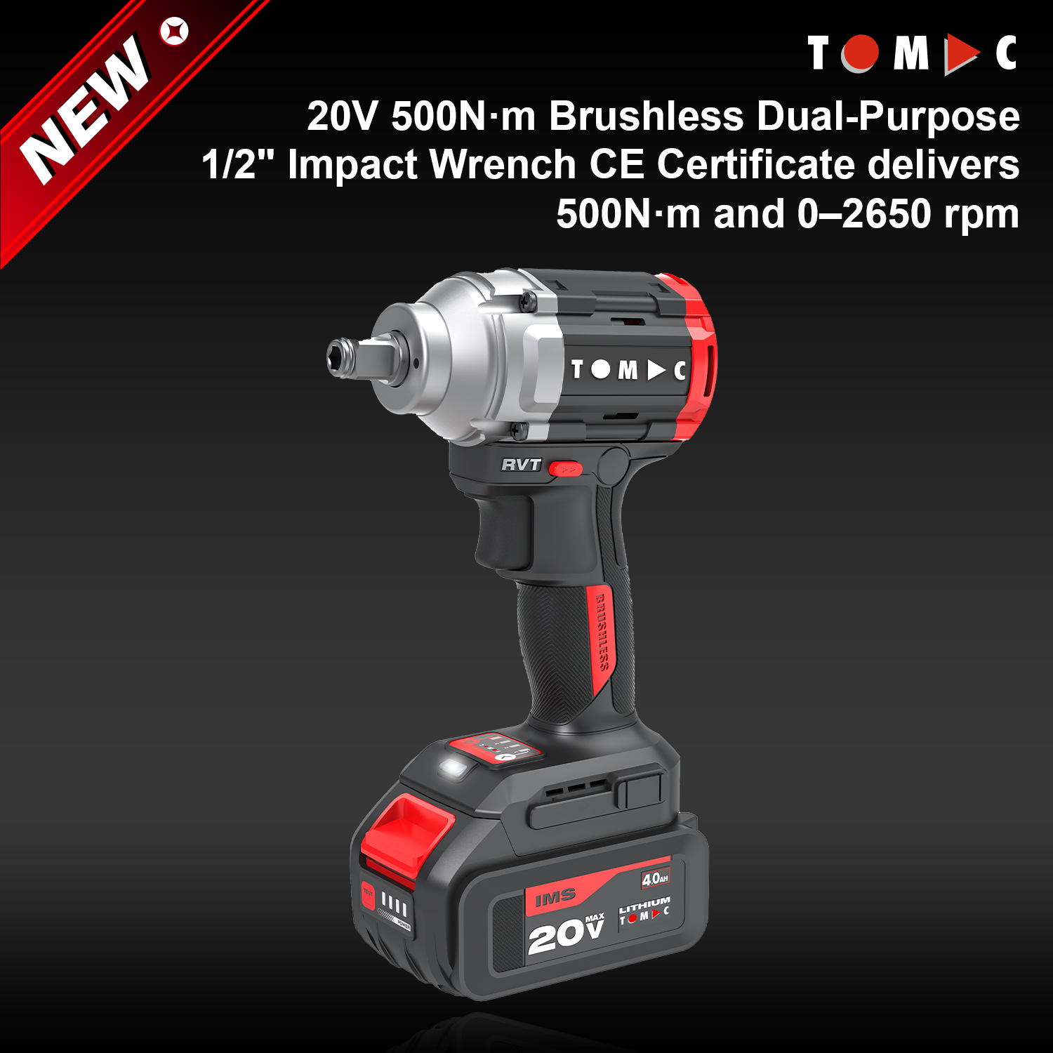 TC1122500B TOMAC 20 V, 500 N·m, borstelloze tweedoelige slagmoersleutel met 1/2