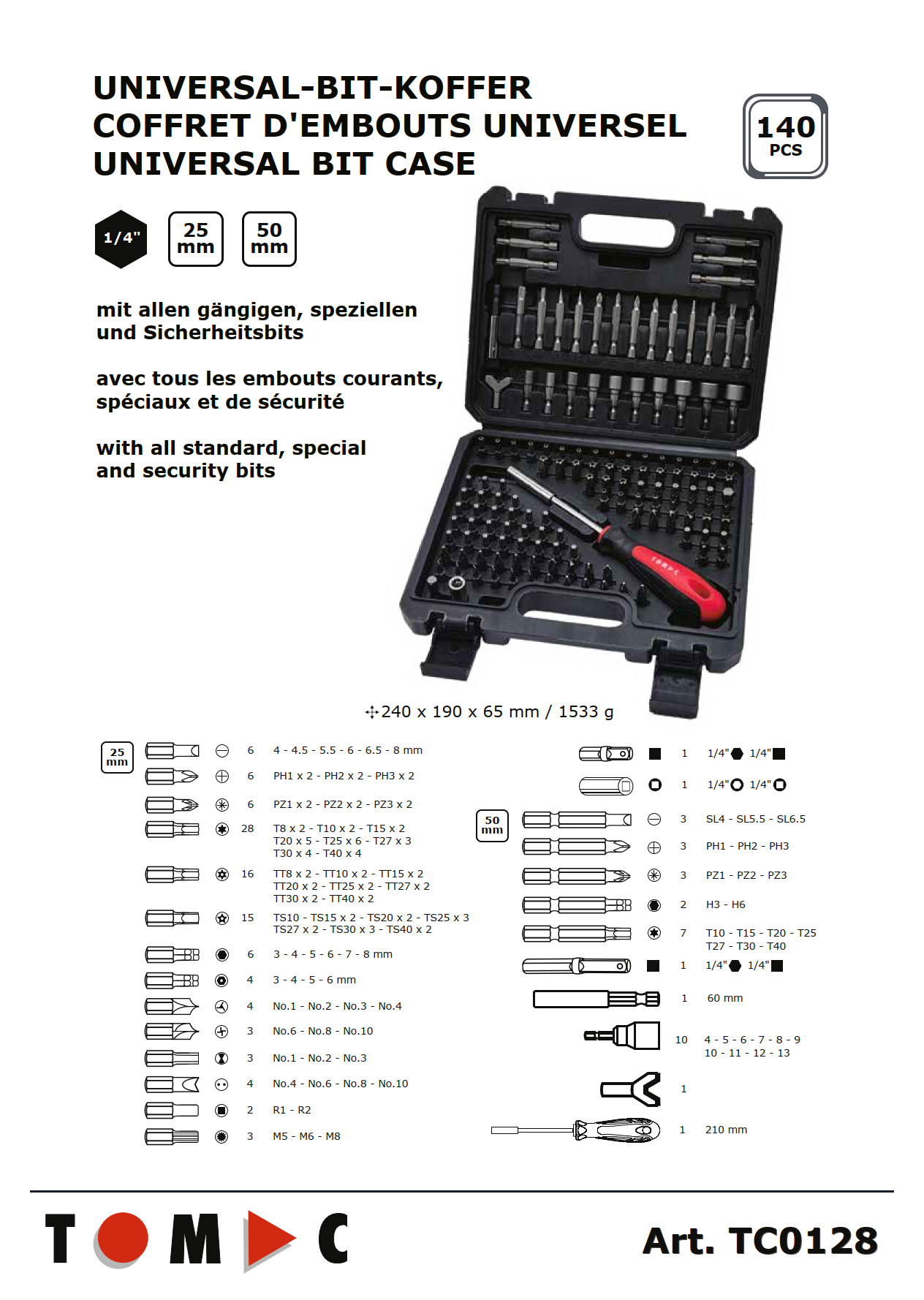 TC0128  TOMAC 140PCS 140-p. Bit-box 1/4" CrV details