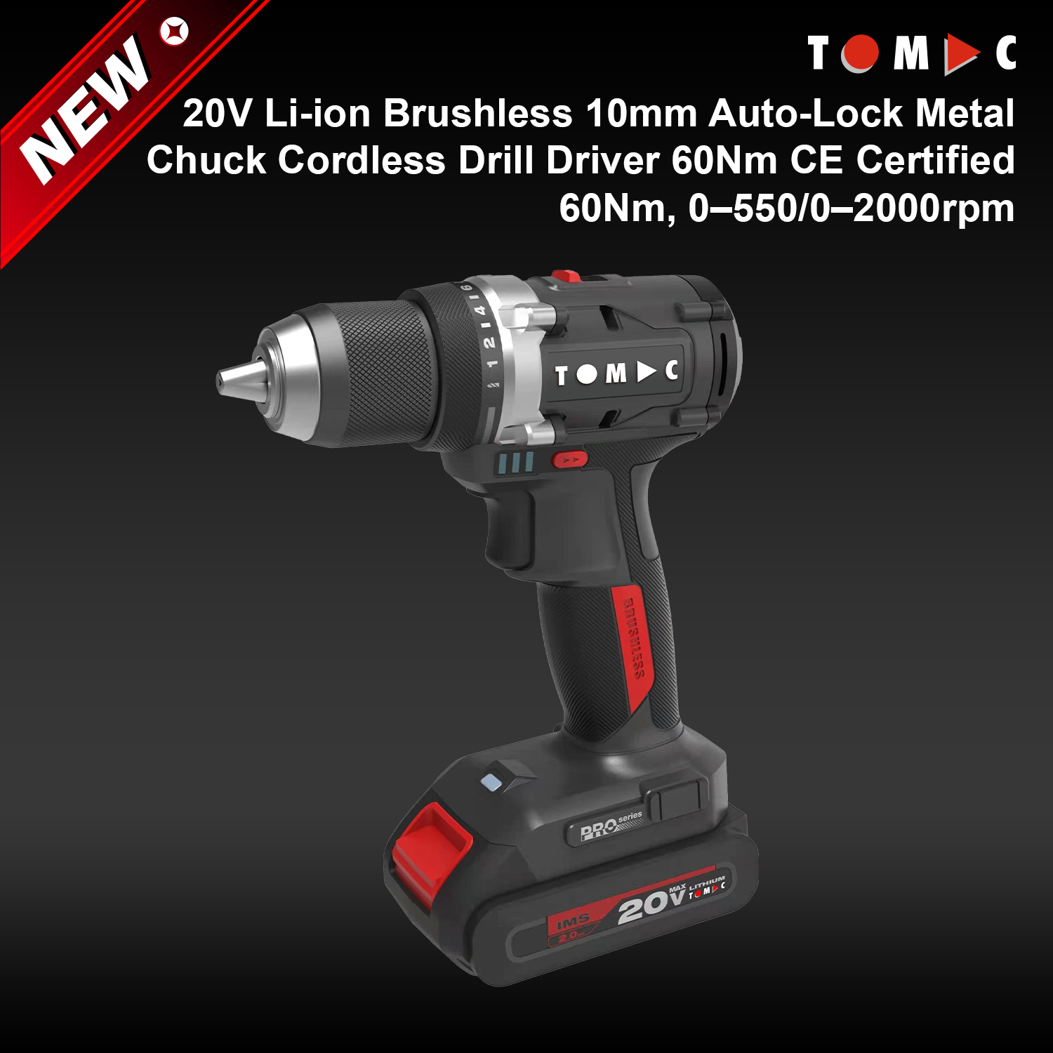 المثقاب الكهربائي اللاسلكي بدون فرشاة من توماك، طراز TC114260B، بجهد 20 فولت، يعمل بالبطارية الليثيوم-أيون، ومزود بمقبض معدني قابل للقفل التلقائي قطره 10 مم، عزم دوران أقصاه 60 نيوتن·متر، معتمَد وفق شهادة المطابقة الأوروبية (CE)