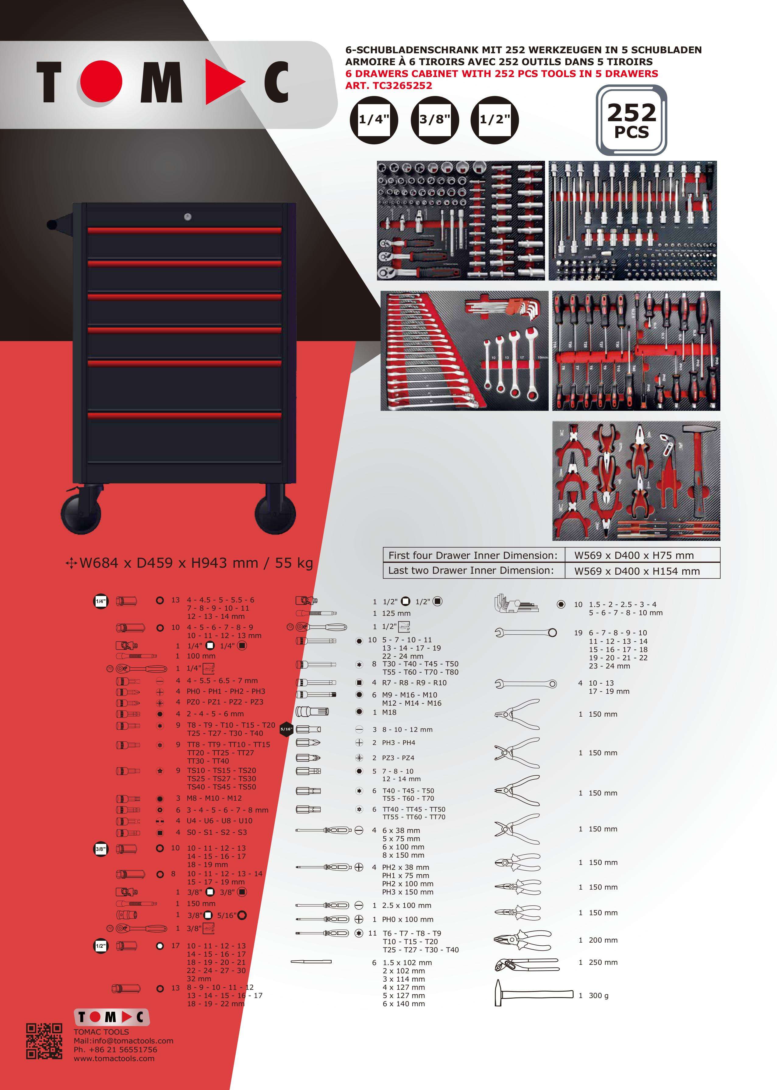 TC3265252 6 Drawers Cabinet with 252pcs tools in 5 drawers factory