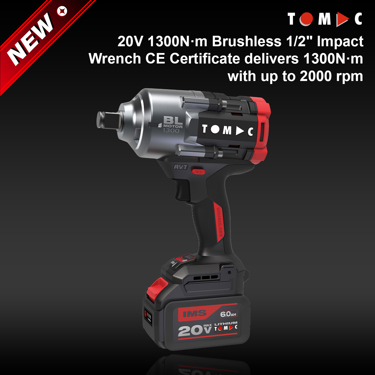 مفتاح تأثير بلا فرشاة من توماك، طراز TC11221300A، بجهد ٢٠ فولت وعزم دوران ١٣٠٠ نيوتن·متر، بقطر ١/٢ بوصة، مزوَّد بشهادة المطابقة الأوروبية (CE)