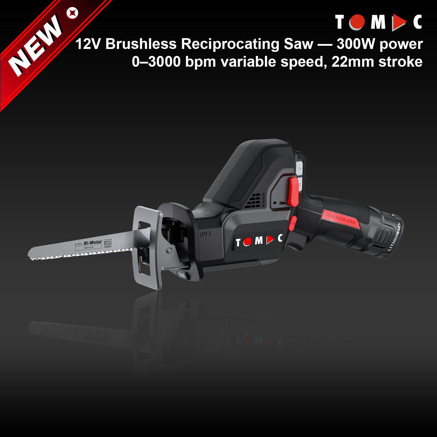 TC117222A TOMAC Seghetto alternativo senza spazzole da 12 V, potenza 300 W, corsa 22 mm, certificato CE