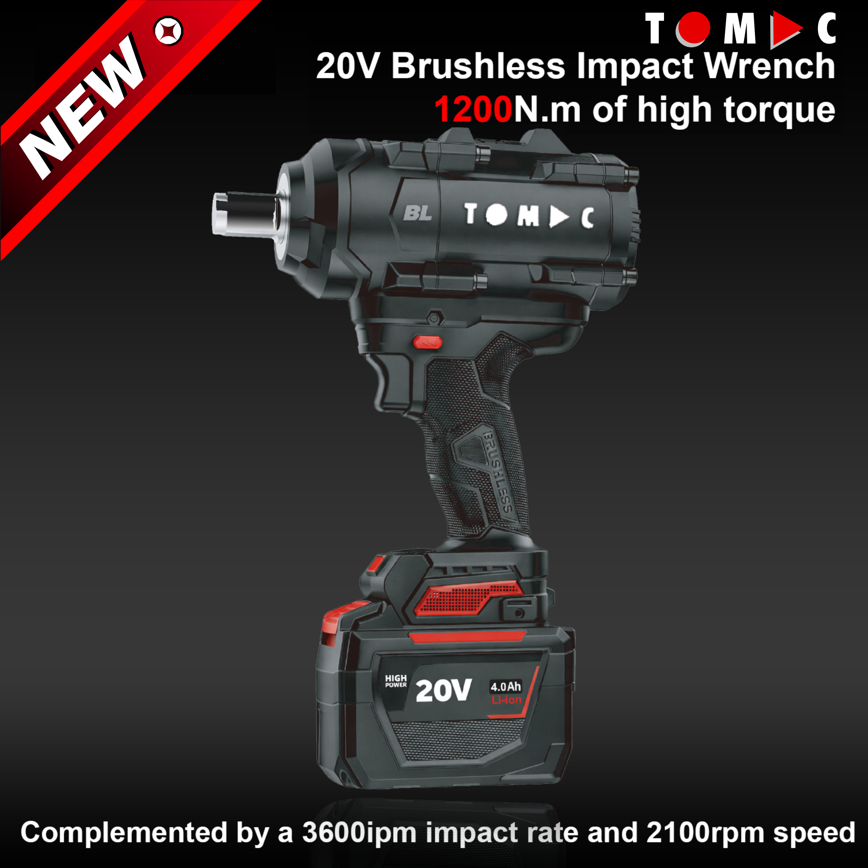 TC11221200 TOMAC 20V Brushless Cordless Impact Wrench – 1200N.m Ultimate Torque, 1/2