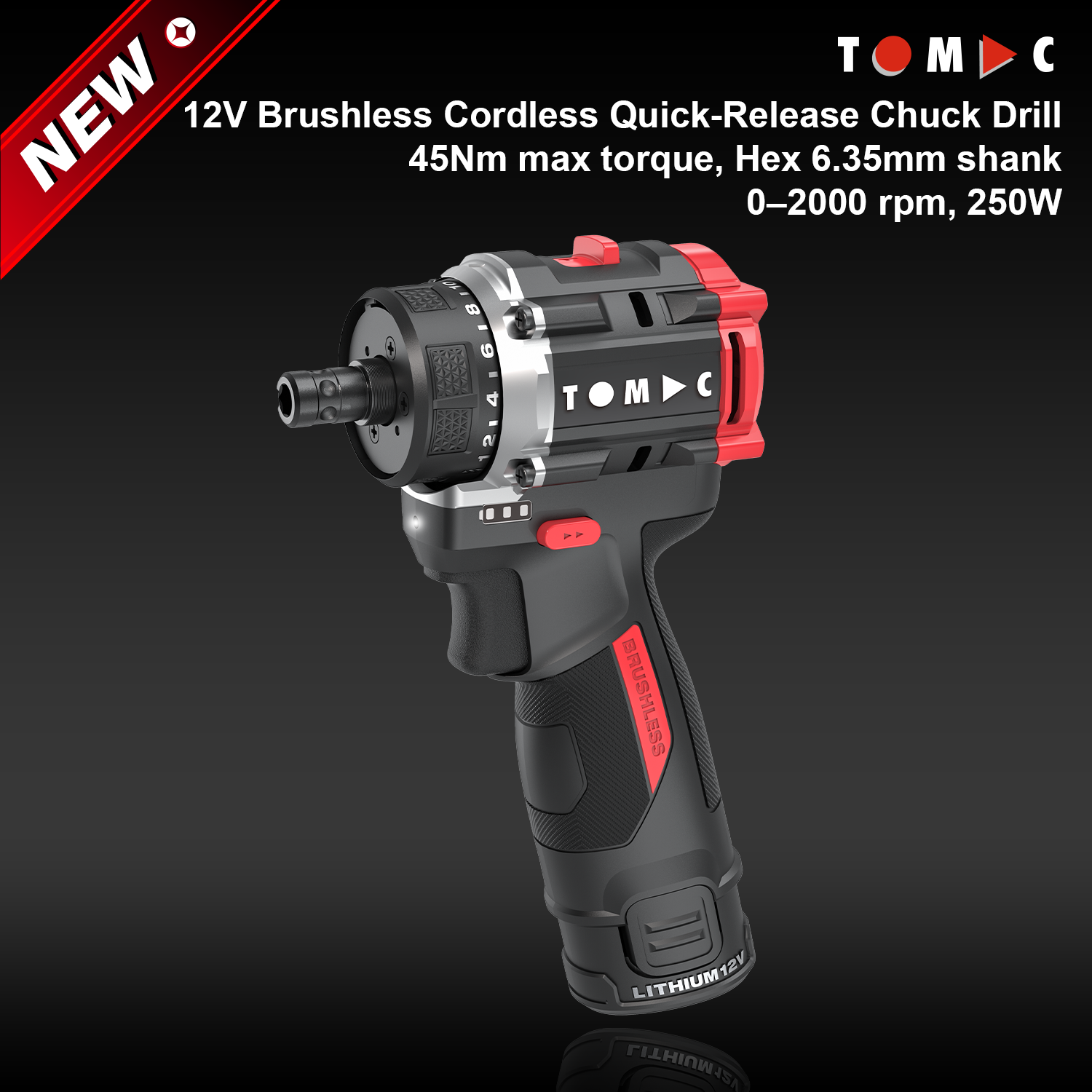 TC115245B TOMAC, Furadeira Sem Fio de 12 V com Motor sem Escovas e Mandril de Liberação Rápida, 45 Nm, Hexagonal de 6,35 mm, 250 W, Certificada CE