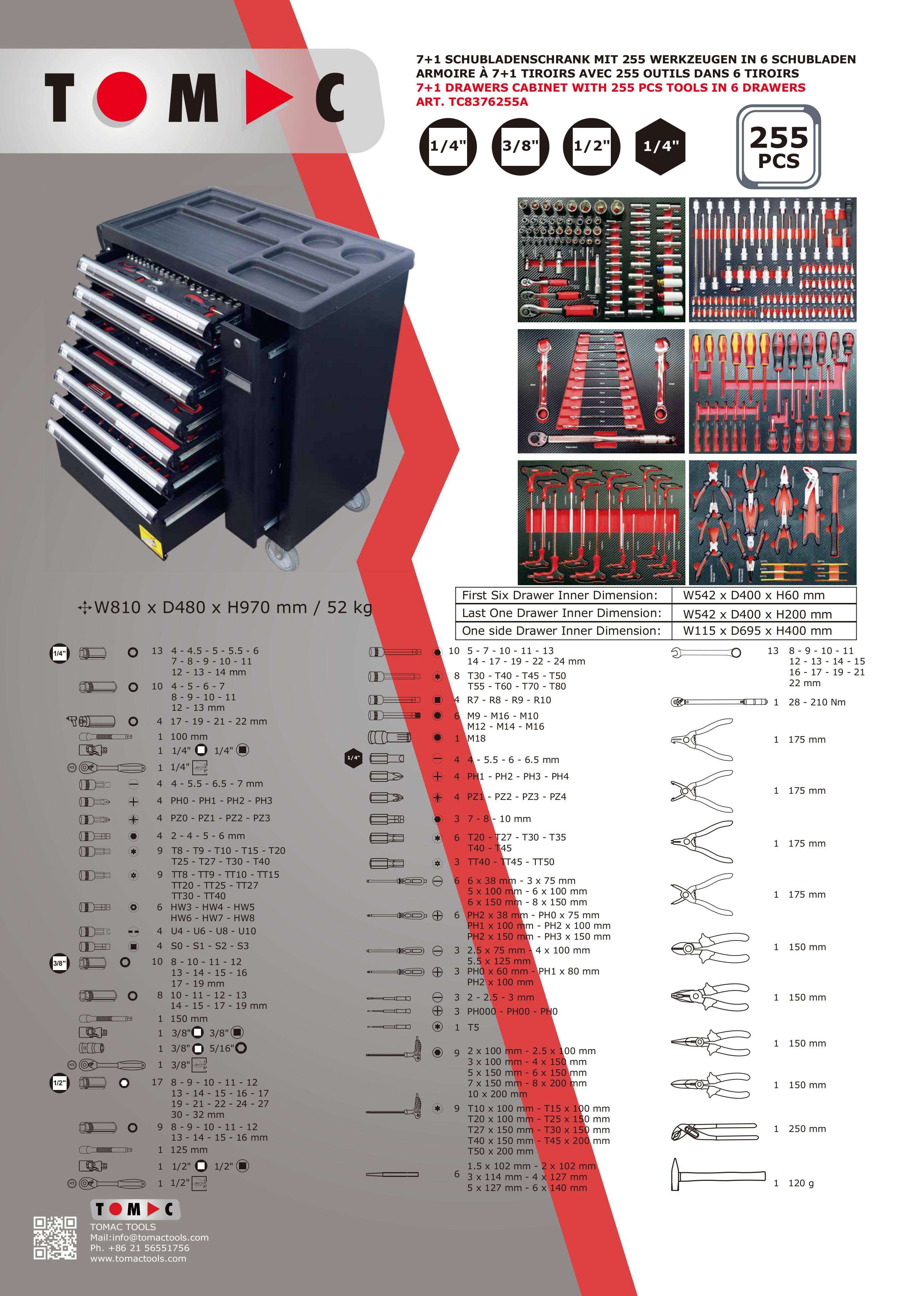 TC8376255A 7+1 Drawers Cabinet with 255pcs tools in 6 drawers factory