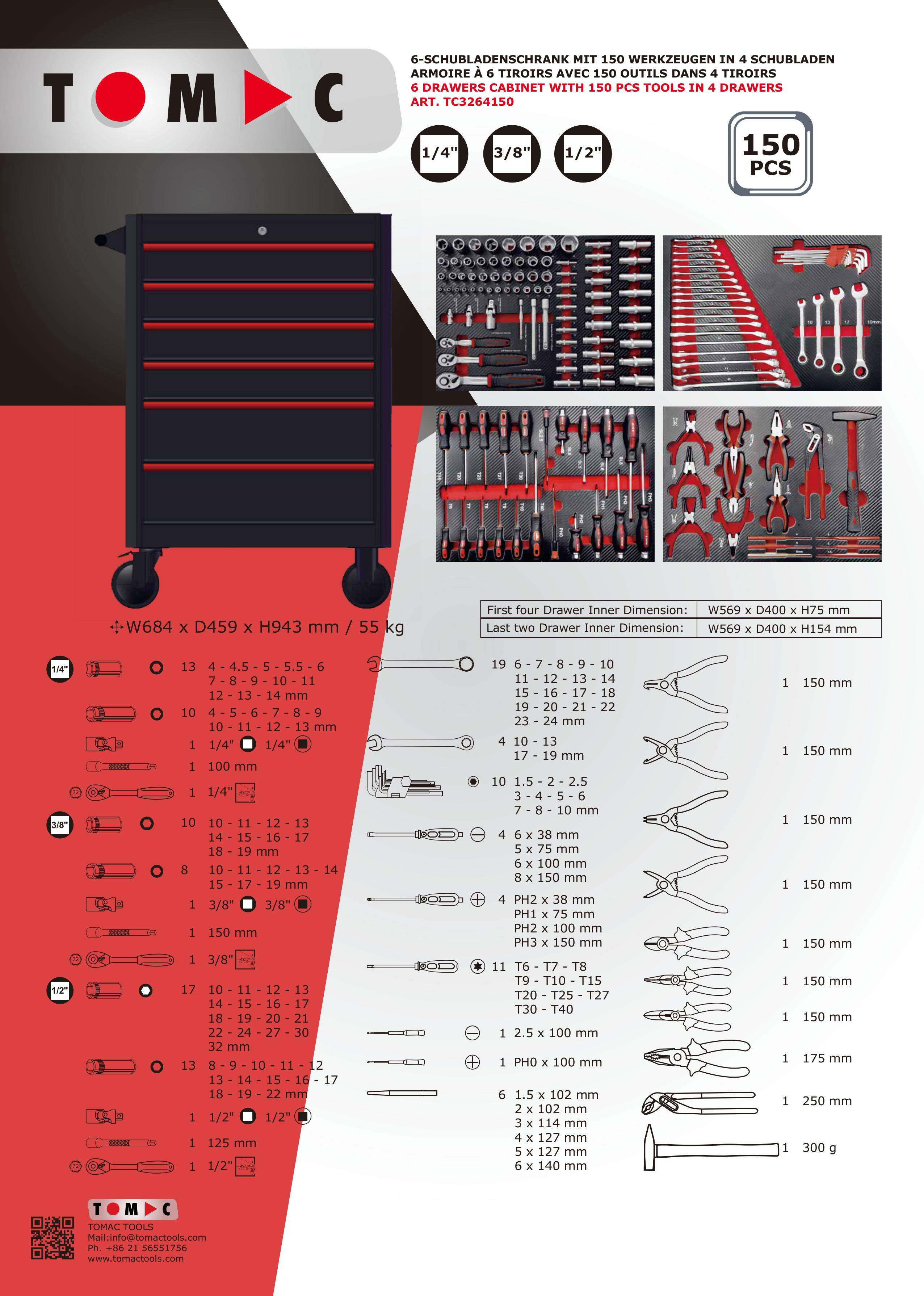 TC3264150 6 Drawers Cabinet with 150pcs tools in 4 drawers supplier