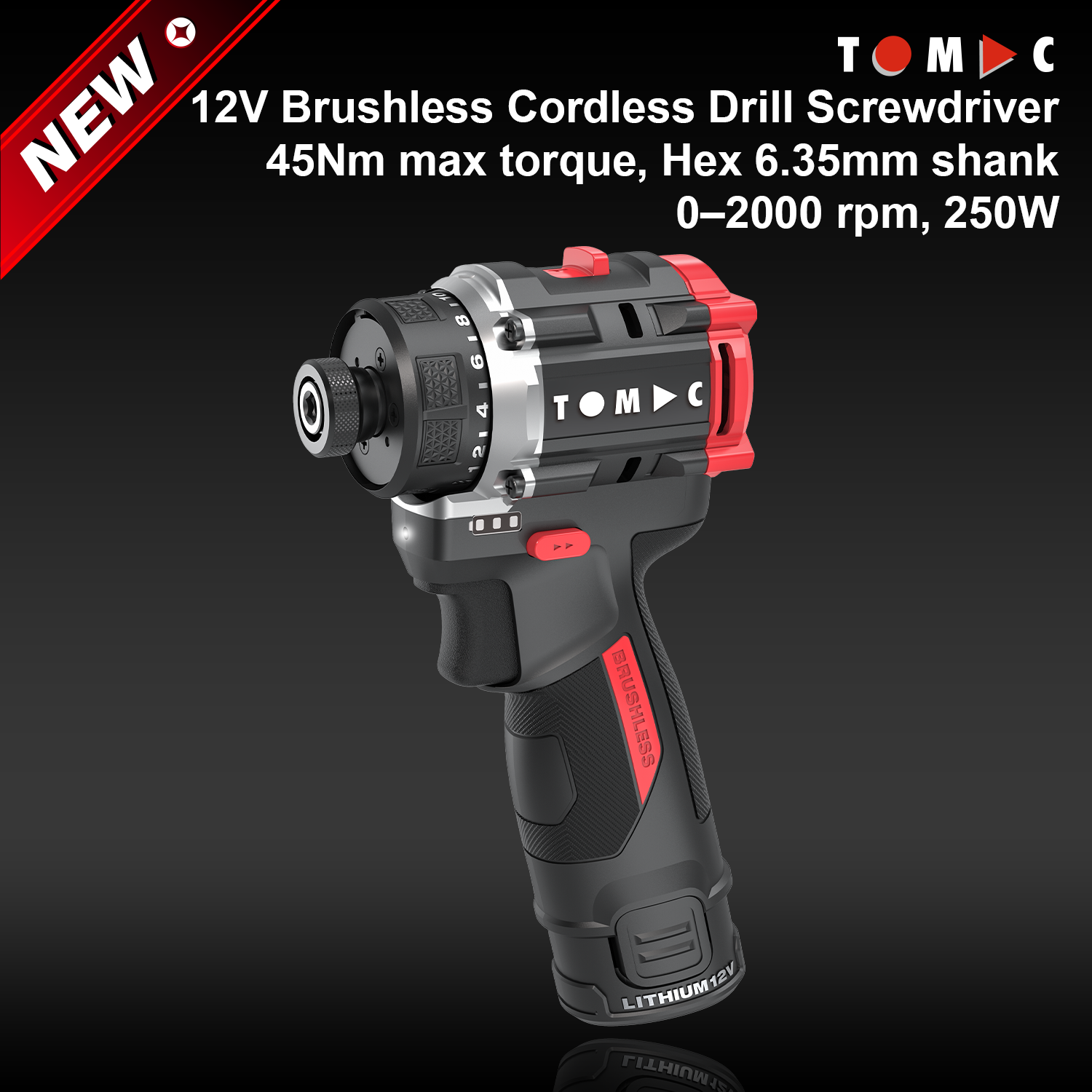 TC115245A TOMAC, Furadeira/Parafusadeira Sem Fio de 12 V com Motor sem Escovas, 45 Nm, Hexagonal de 6,35 mm, 250 W, Certificada CE