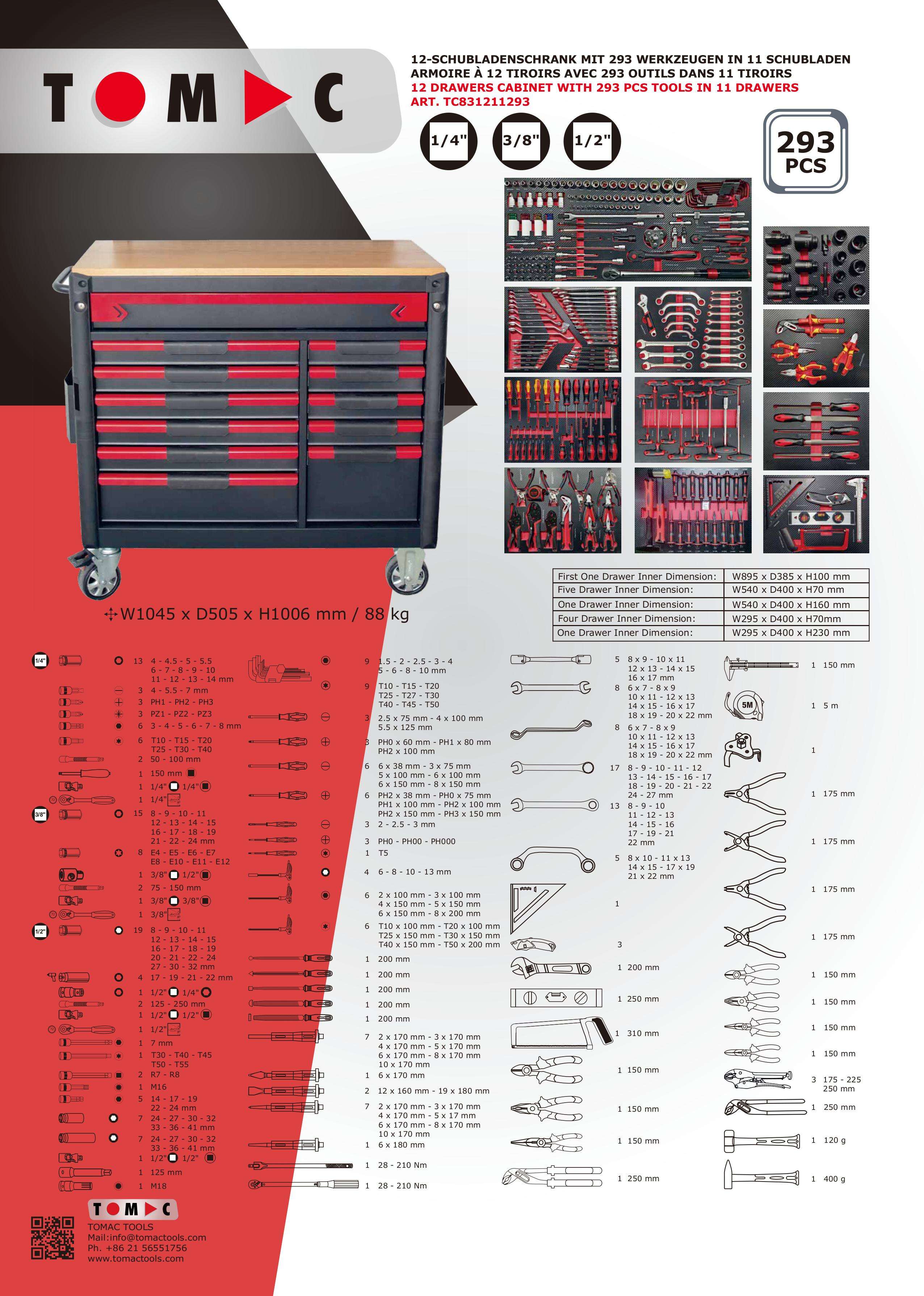 TC831211293 12 drawers cabinet with 293pcs tools in 11 drawers (Wodden top) factory