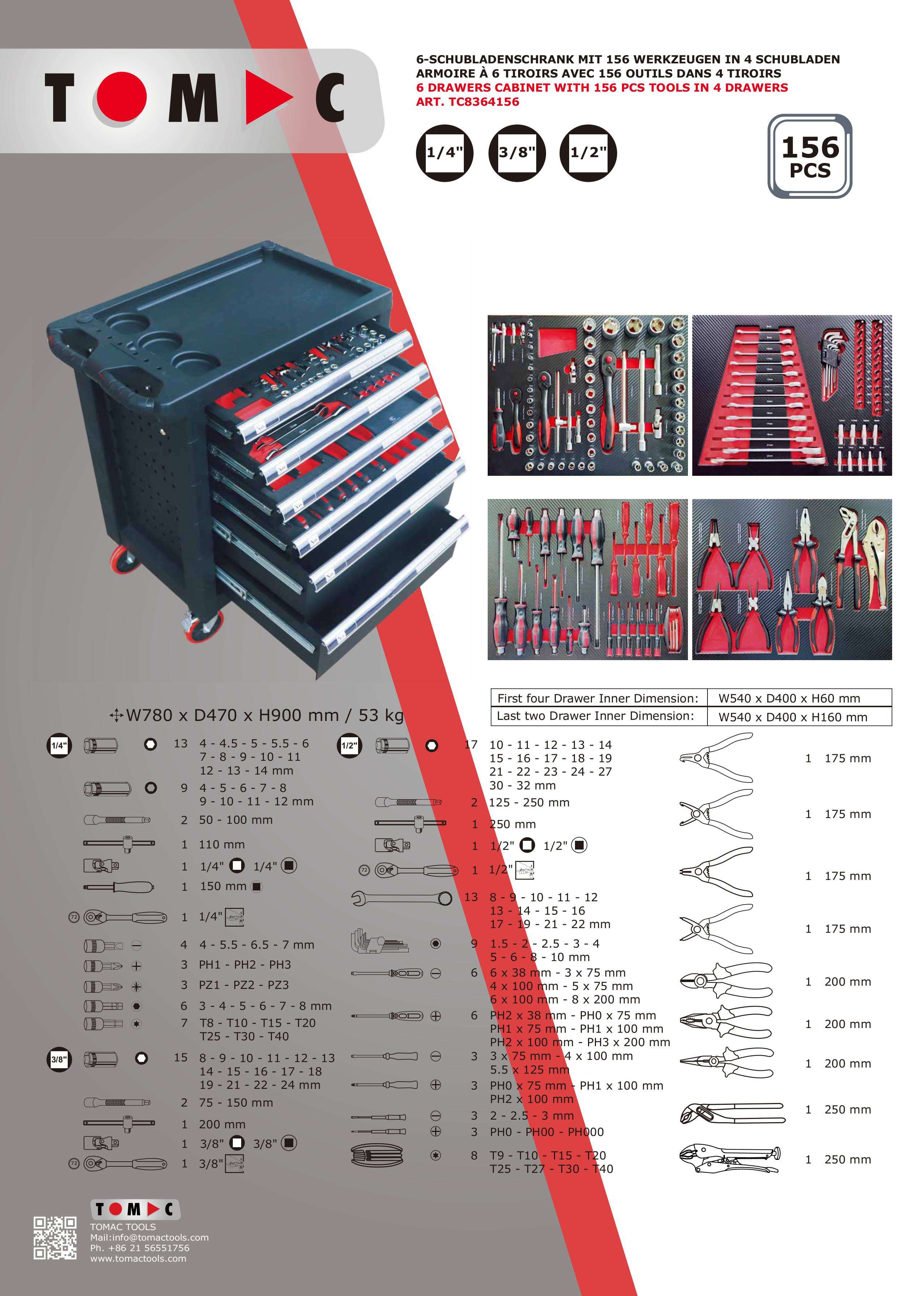 TC8364156 Drawers Cabinet with 156pcs tools in 4 drawers supplier
