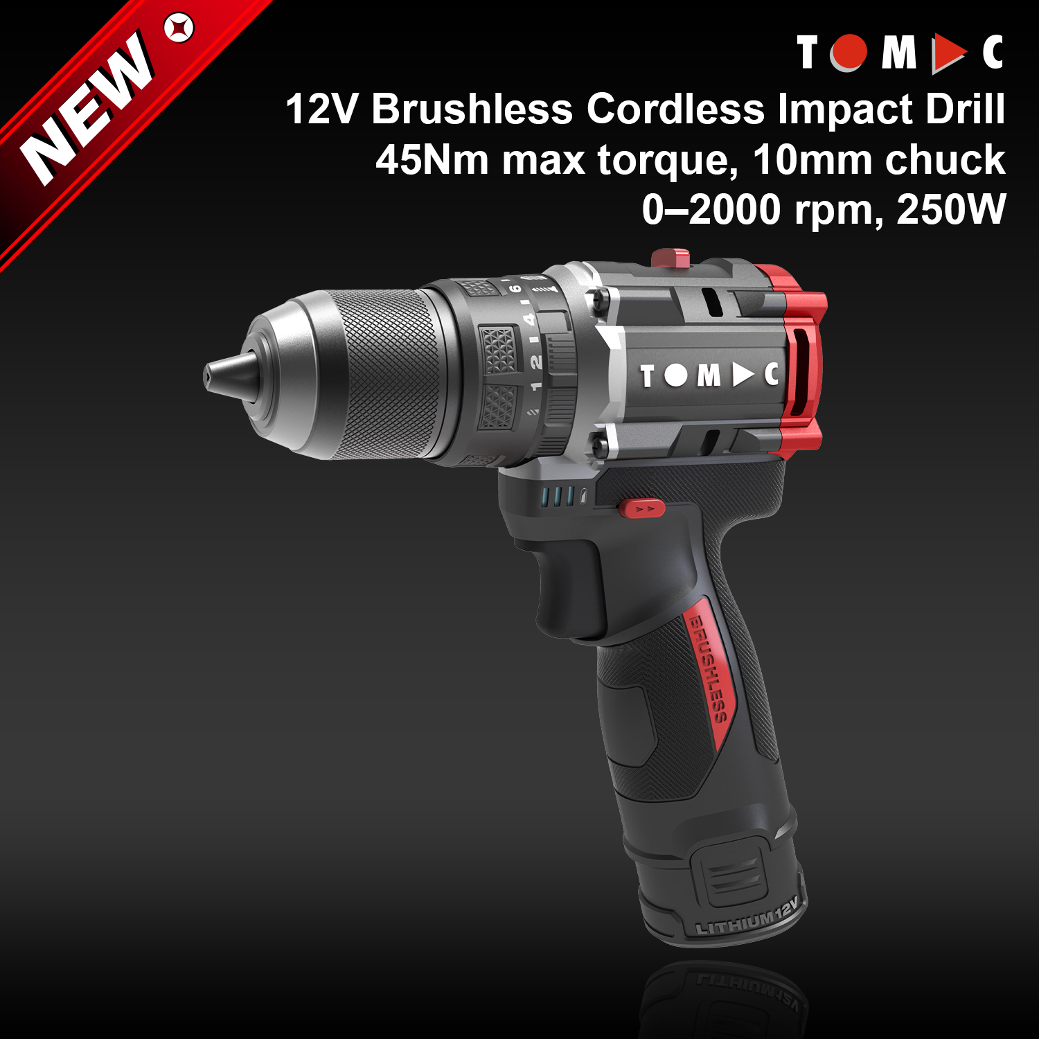 TC114245B TOMAC Trapano a percussione senza filo brushless da 12 V, 45 Nm, morsetto da 10 mm, 250 W, certificato CE