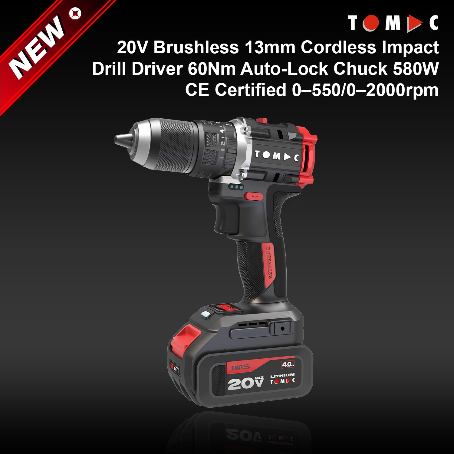 TC114260F من توماك: مثقاب كهربائي لا سلكي بمحرك بلا فرشاة، جهد ٢٠ فولت، قطر الفتحة ١٣ مم، عزم دوران أقصى ٦٠ نيوتن·متر، مع قابض تلقائي للقفل، قدرة ٥٨٠ واط، معتمد وفق معيار CE