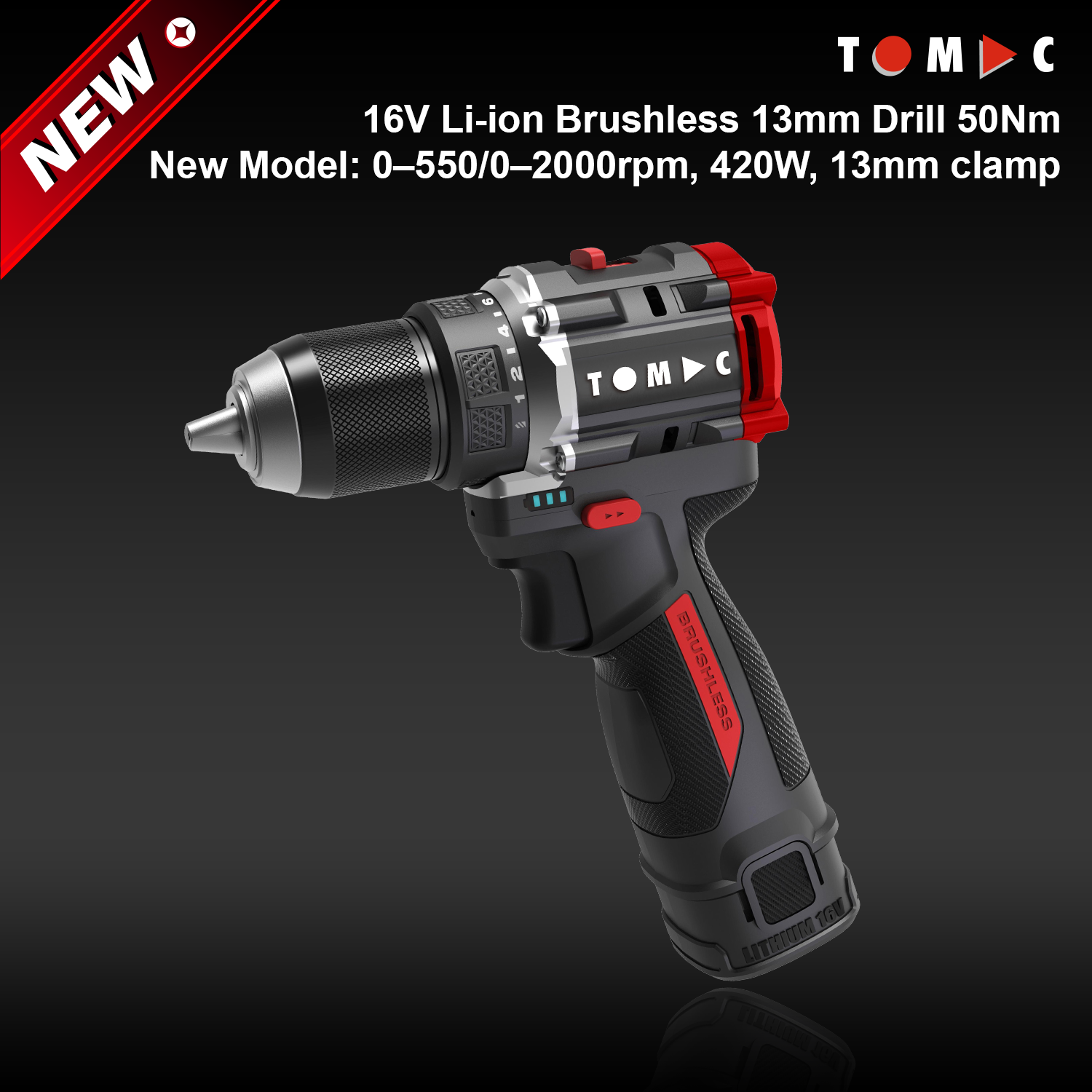 TC114250F TOMAC, trapano elettrico senza fili da 16 V a batteria agli ioni di litio, senza spazzole, da 13 mm, coppia massima 50 Nm — Nuovo modello, certificato CE