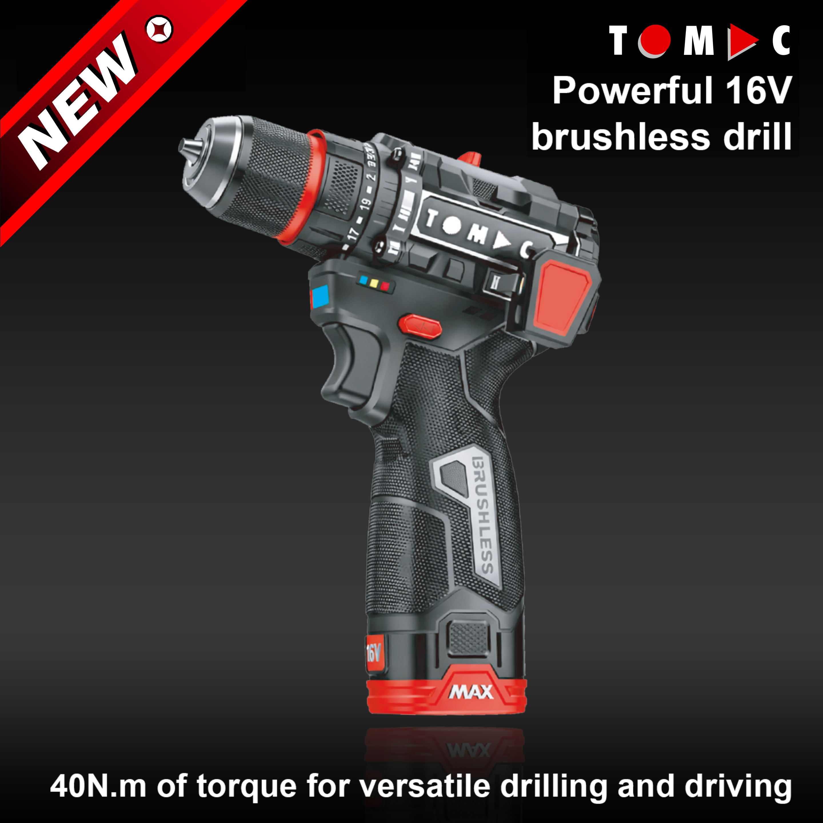 TC114240 TOMAC 16V Brushless Cordless Drill Driver – 40N.m Torque, 2-Speed 1800rpm, 10mm Keyless Chuck, 2.0Ah Battery, Ideal for Home Improvement and DIY, Includes Belt Hook