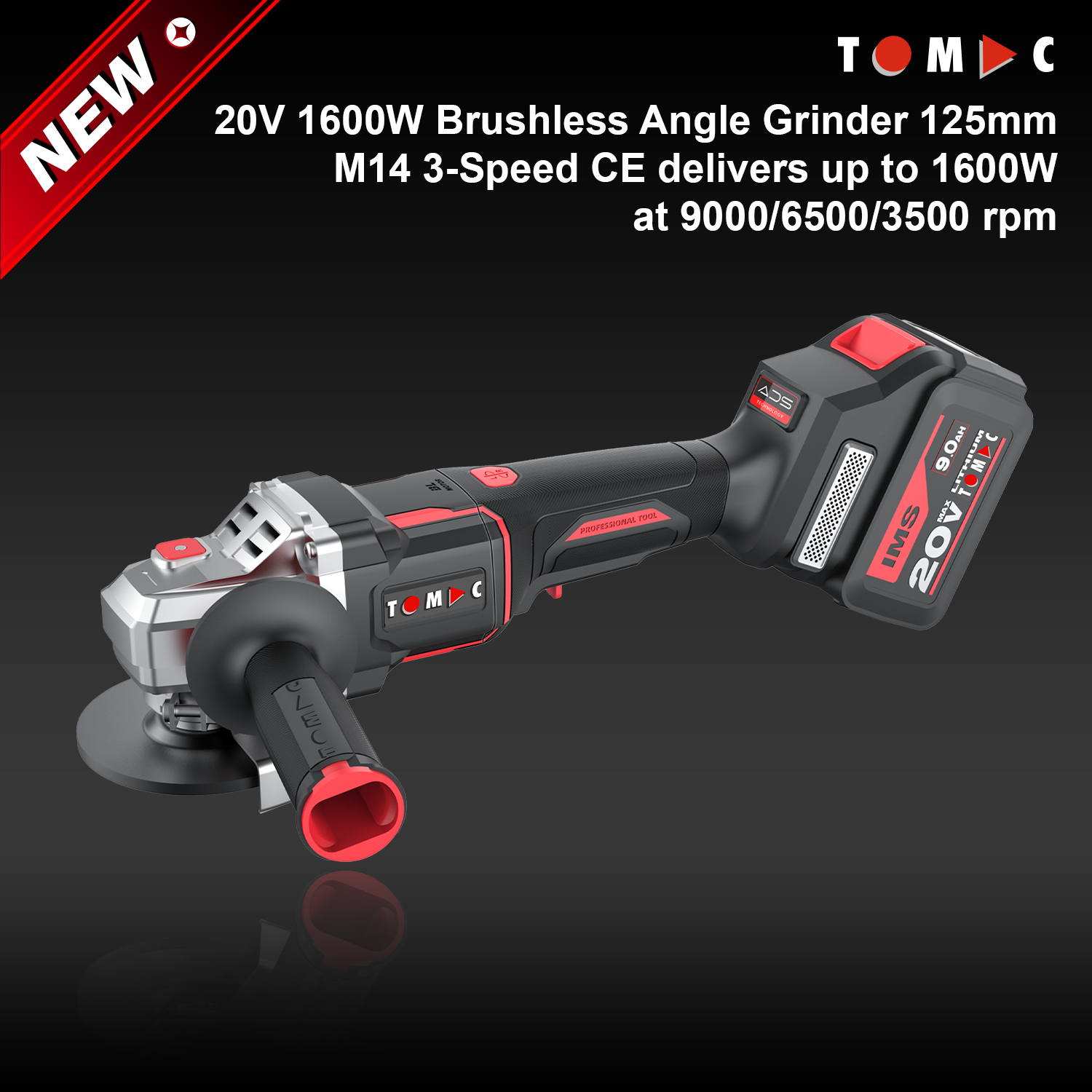 TC1132125B TOMAC 20V 1600W Brushless Angle Grinder 125mm M14 3-Speed CE