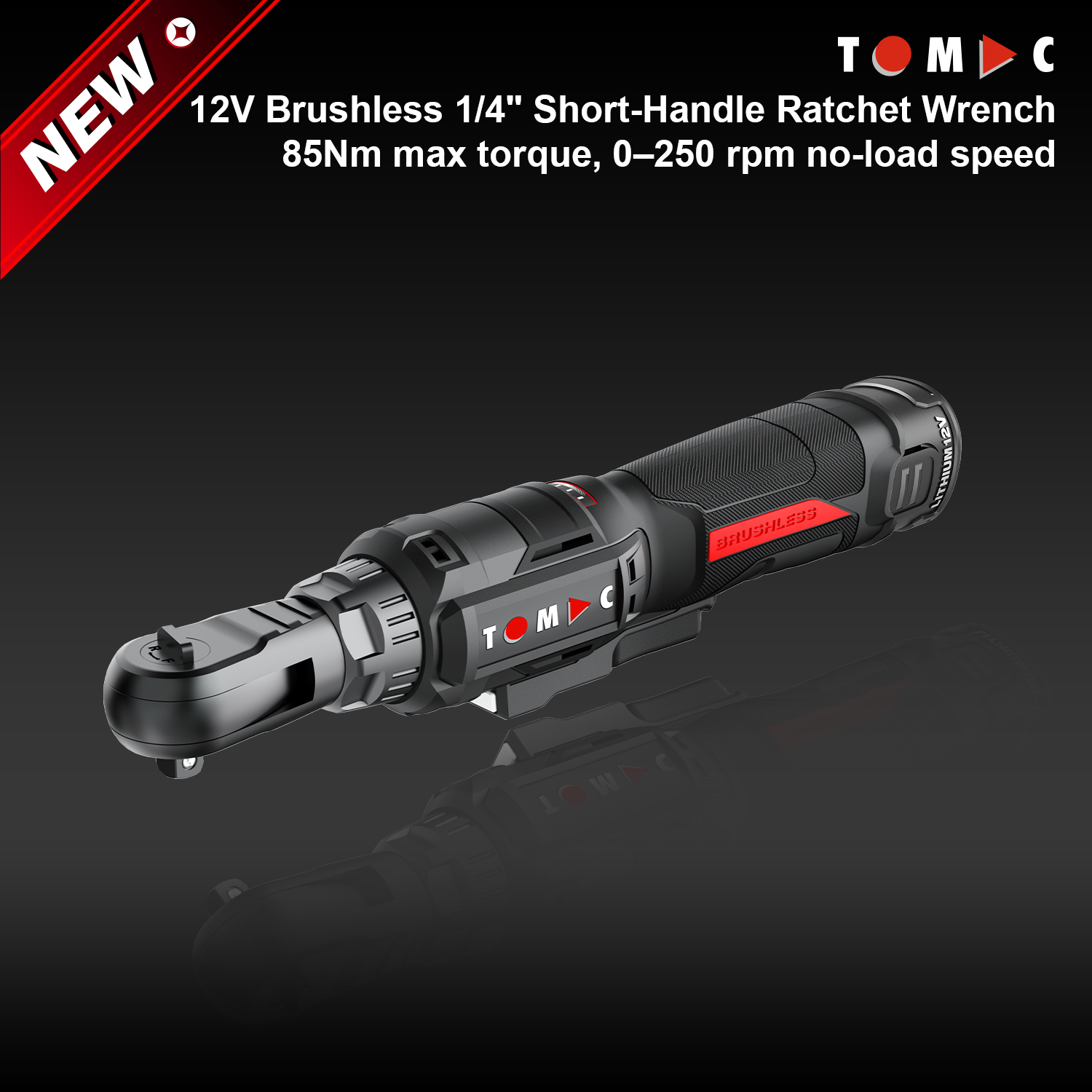 TC119285A-1 TOMAC Chiave a cricchetto senza spazzole da 12 V, impugnatura corta da 1/4