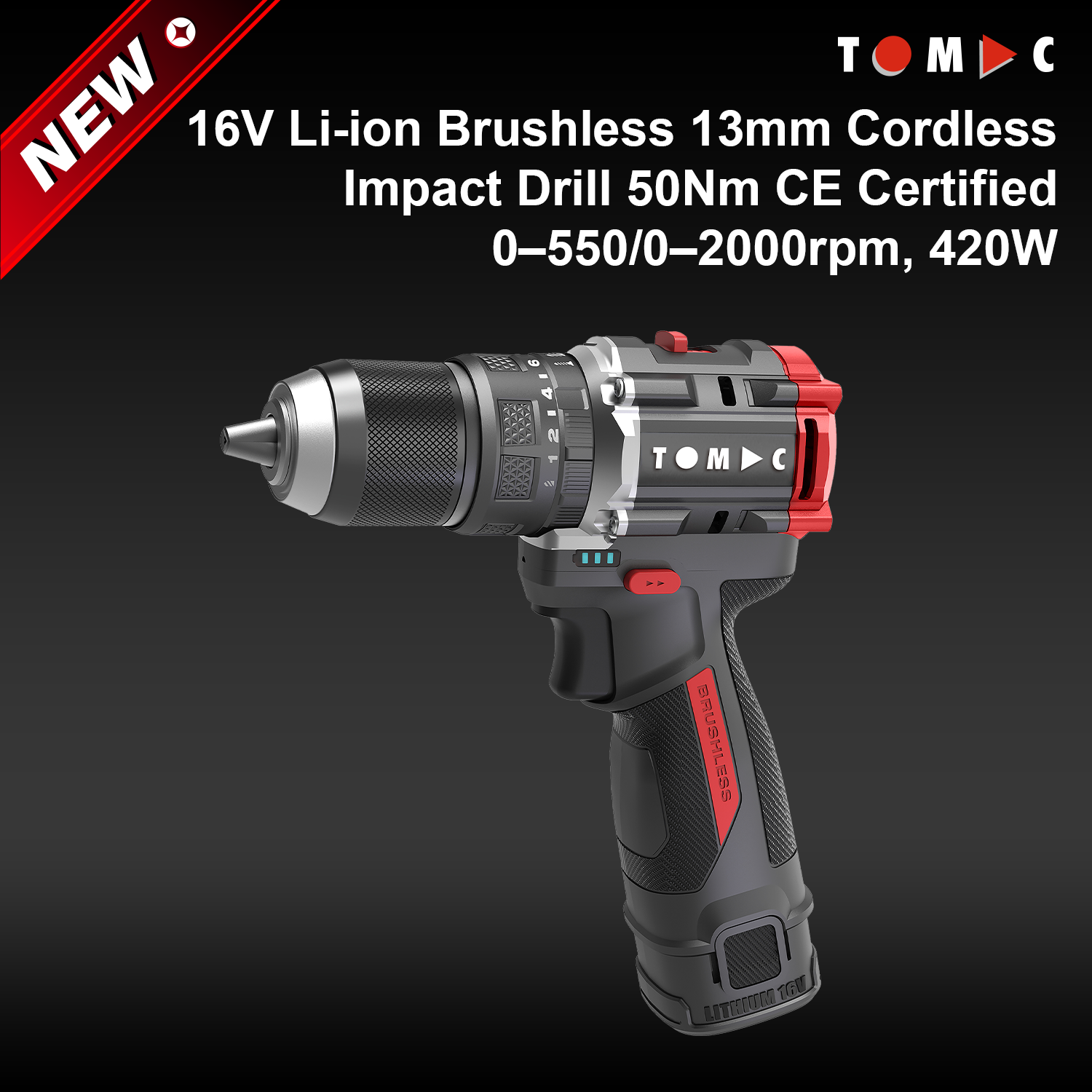 TC114250G TOMAC, trapano elettrico a percussione senza fili da 16 V a batteria agli ioni di litio, senza spazzole, da 13 mm, coppia massima 50 Nm, certificato CE