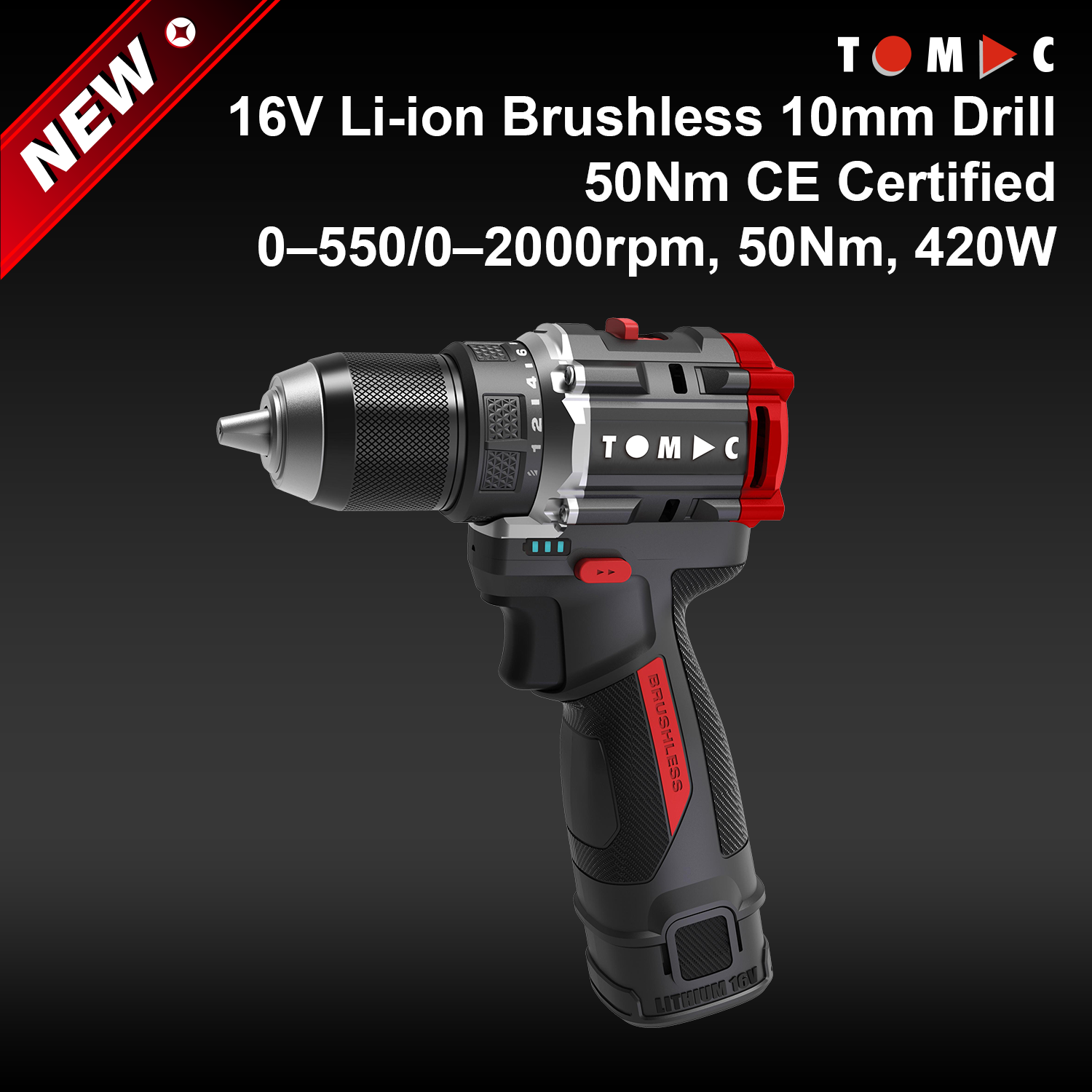 TC114250E TOMAC 16 V Li-ion senza spazzole, trapano da 10 mm, 50 Nm, certificato CE