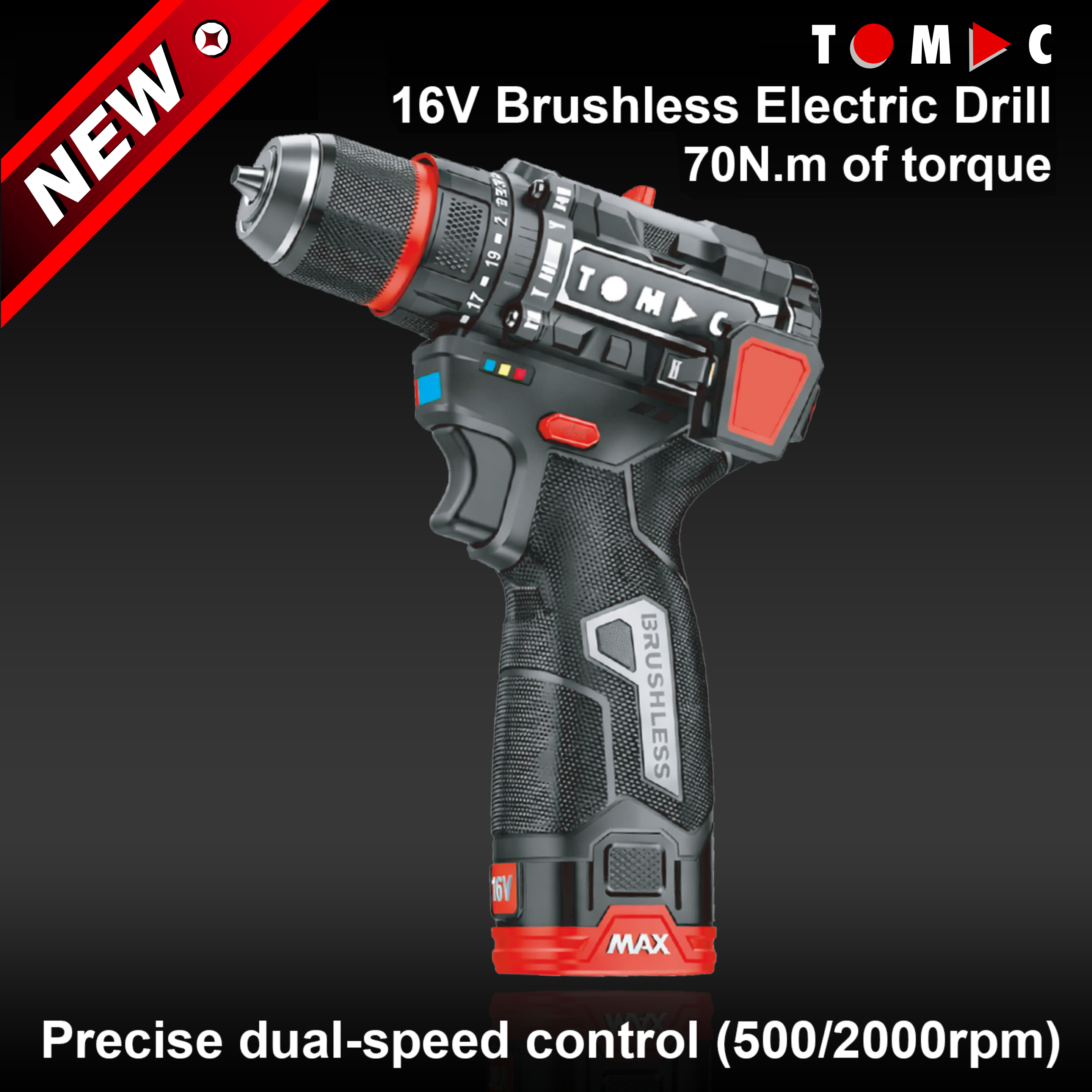 TC114270 TOMAC 16V Brushless Cordless Drill – 70N.m High Torque, 2000rpm Speed, 13mm Keyless Chuck, 2.0Ah Battery, Professional Grade for Heavy Construction and Metal Drilling