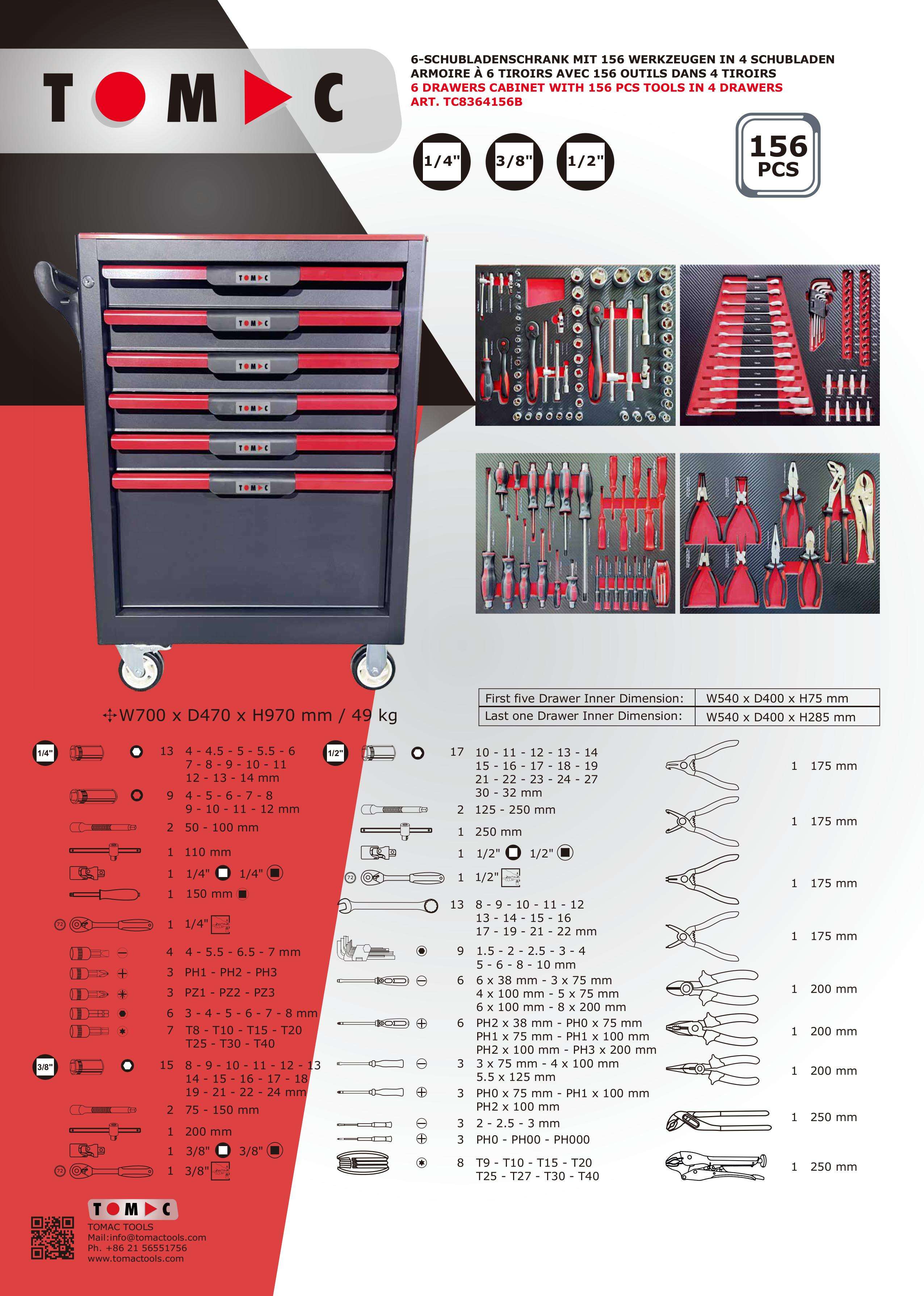 TC8364156B 6 Drawers Cabinet with 156pcs tools in 4 drawers details