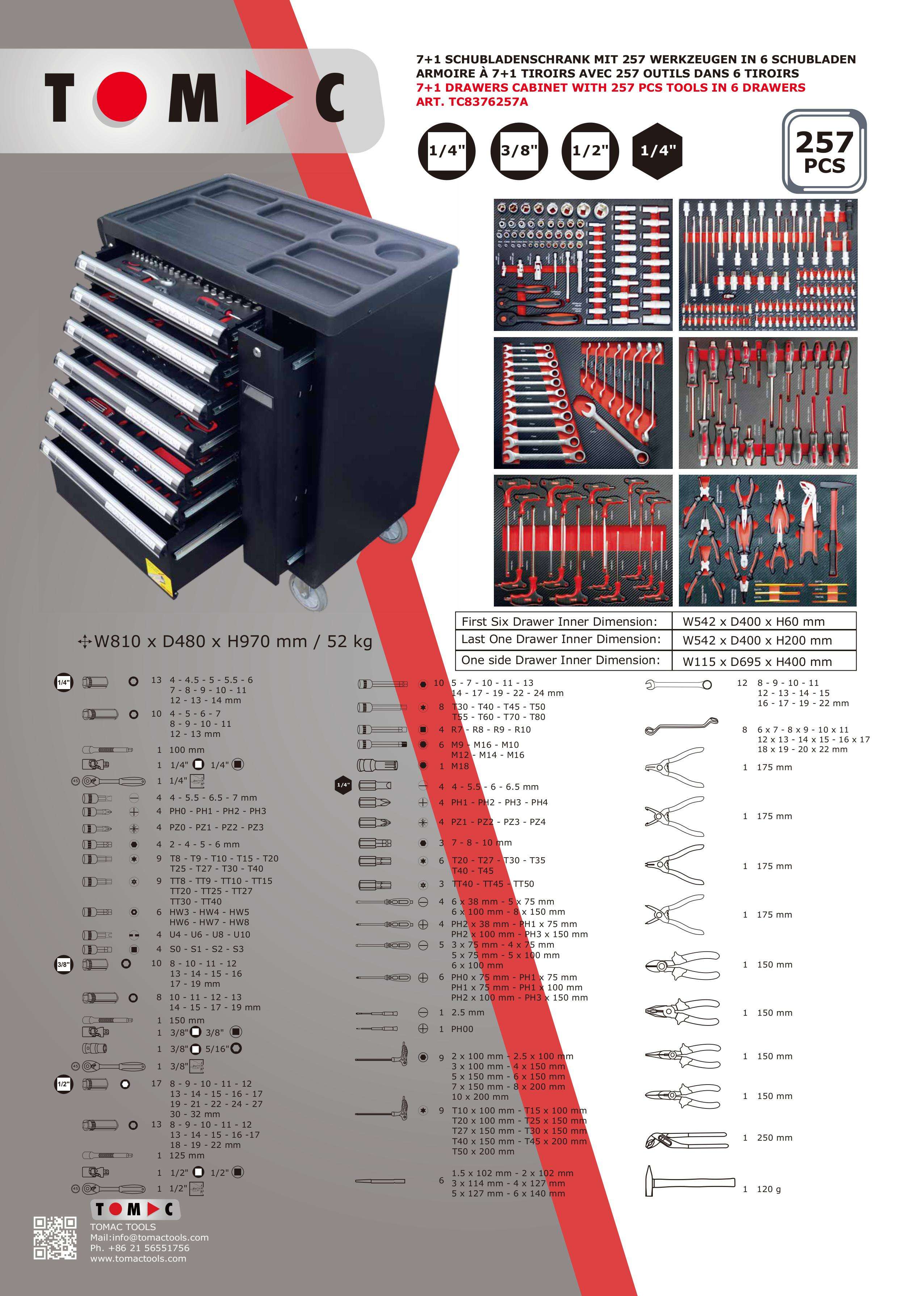 TC8376257A 7+1 Drawers Cabinet with 257pcs tools in 6 drawers details