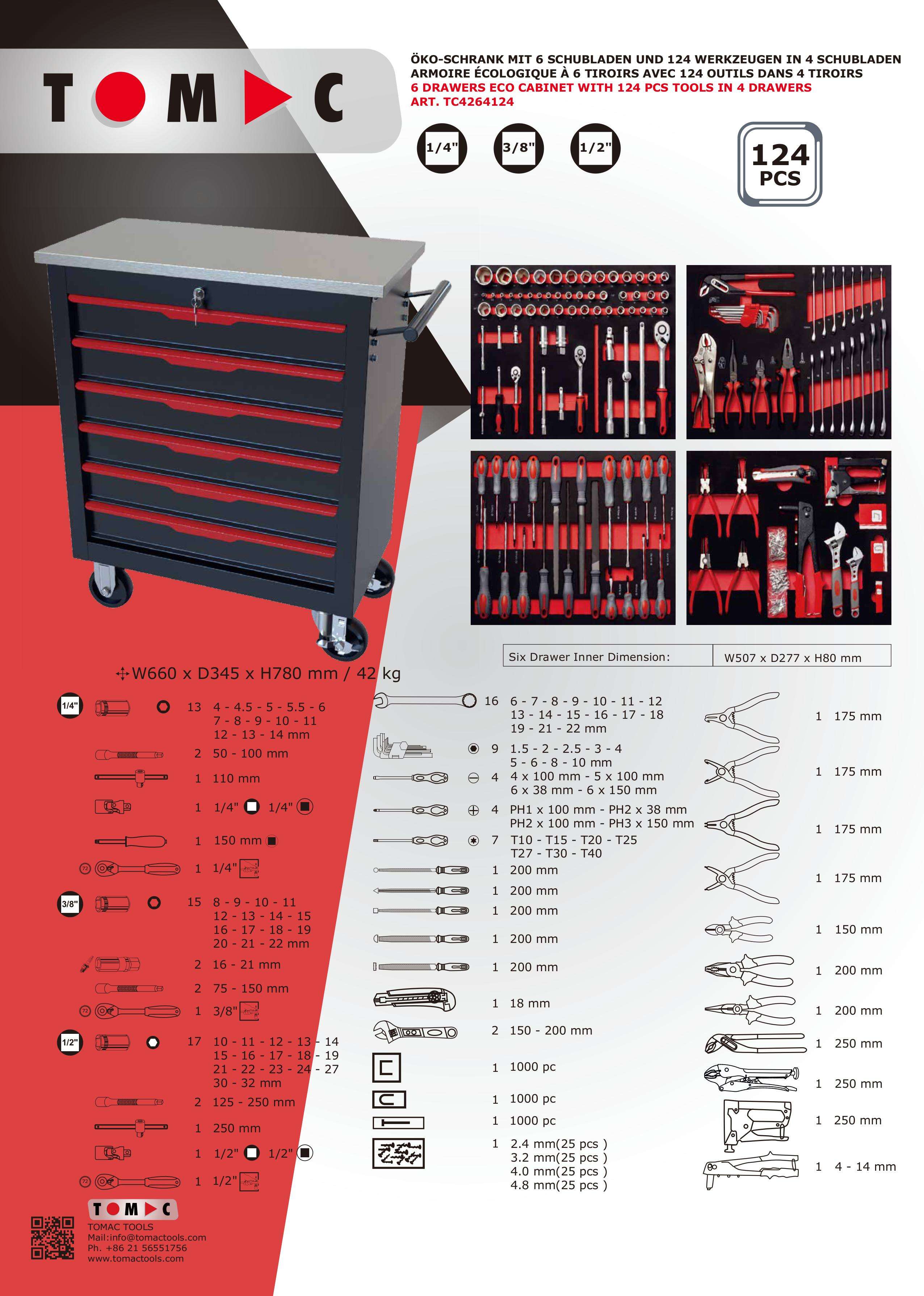TC4264124 6 Drawers Eco Cabinet with 124pcs tools in 4 drawers manufacture