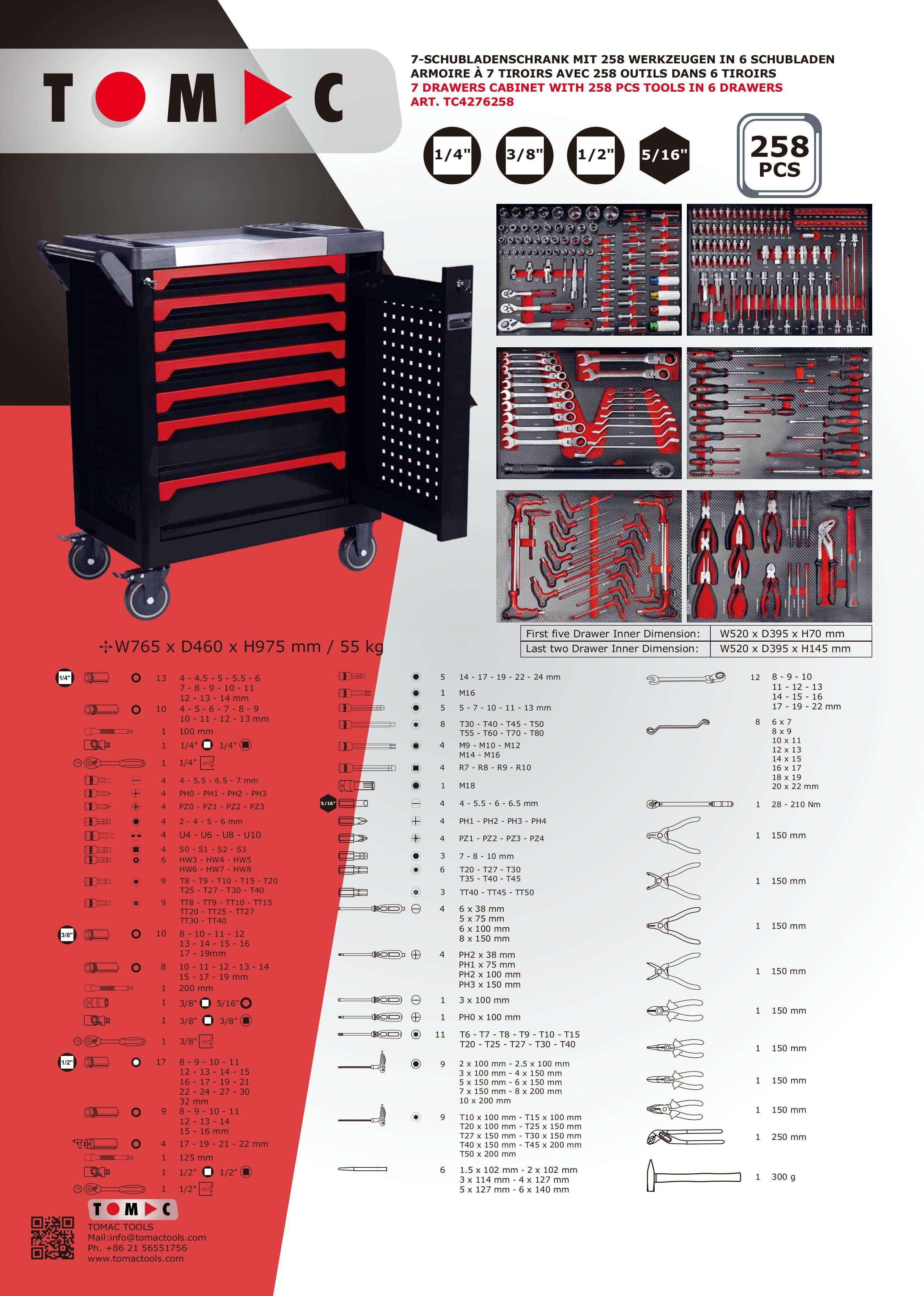 TC4276258 7 Drawers Cabinet with 258pcs tools in 6 drawers factory