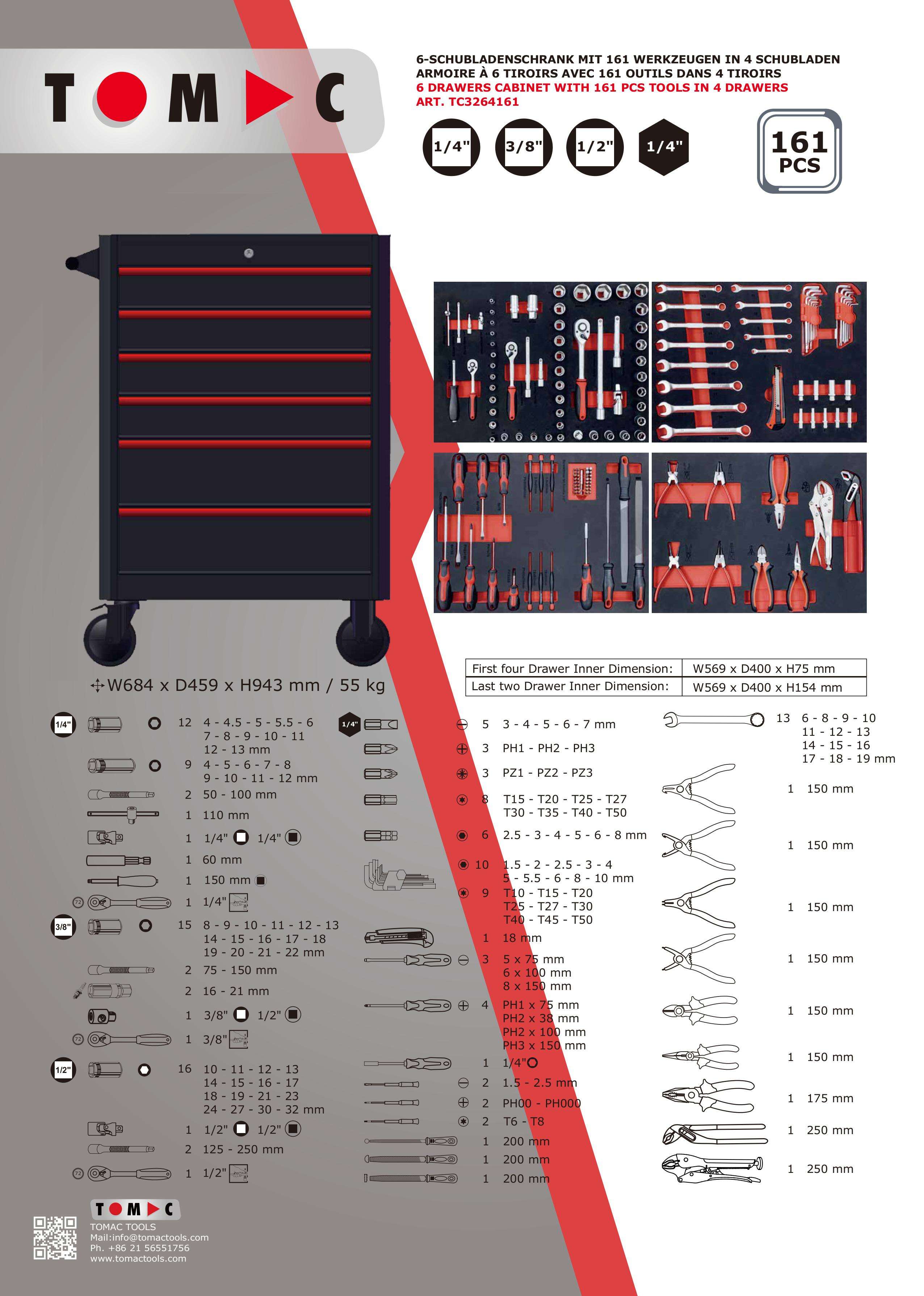 TC3264161 6 Drawers Cabinet with 161pcs tools in 4 drawers details